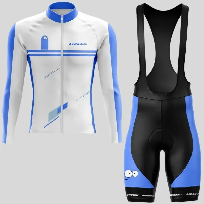 Smiley Blue White Cycling Jersey (Full Sleeve + Bib Shorts)