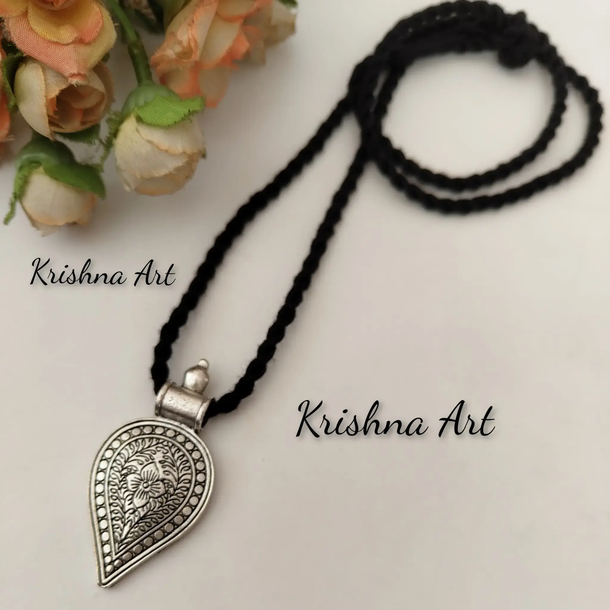 Buy German Silver Oxidised Pendant with Black Thread Necklace
