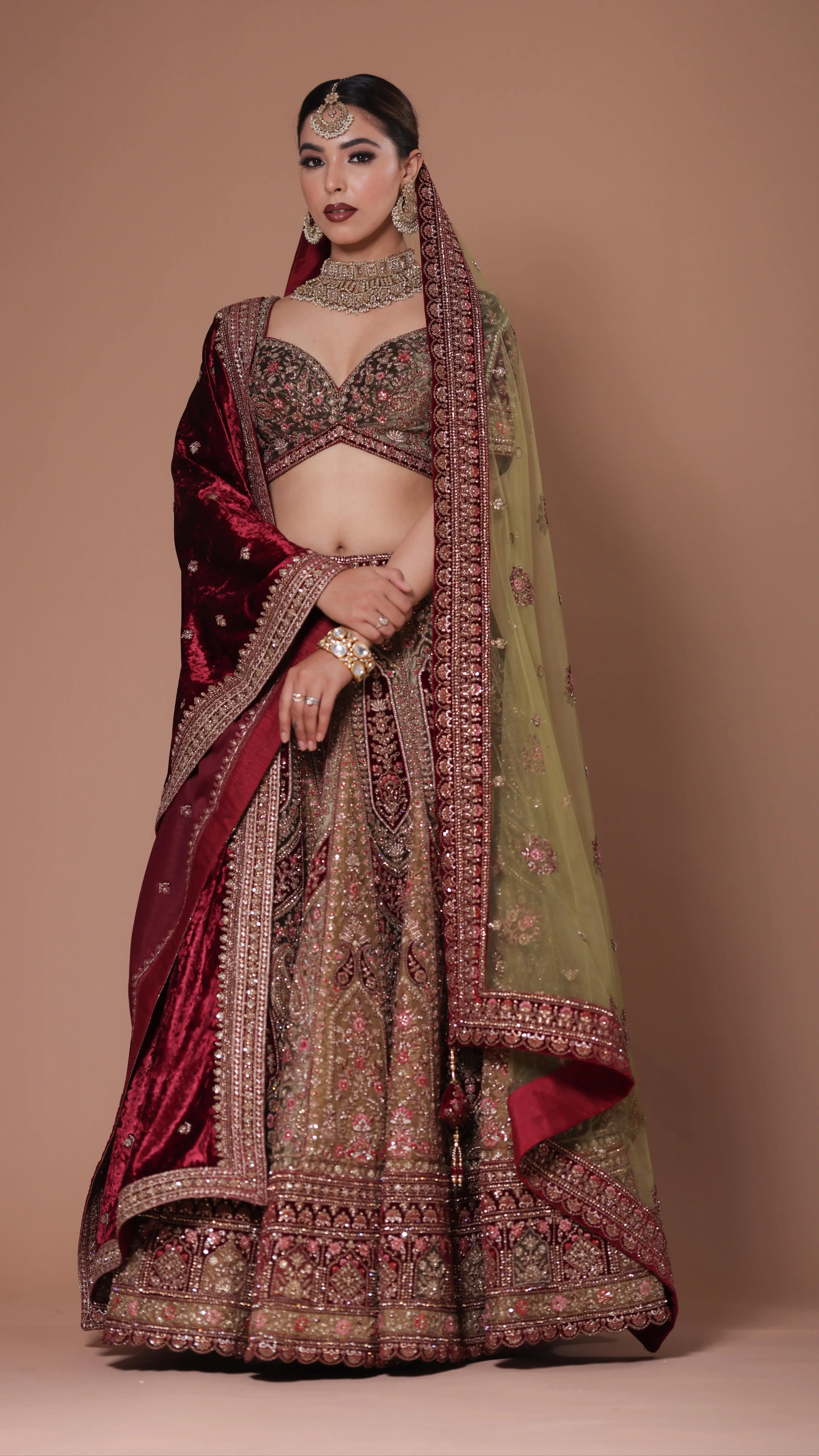 Olive Green And Maroon Infused Velvet Bridal Lehenga Set