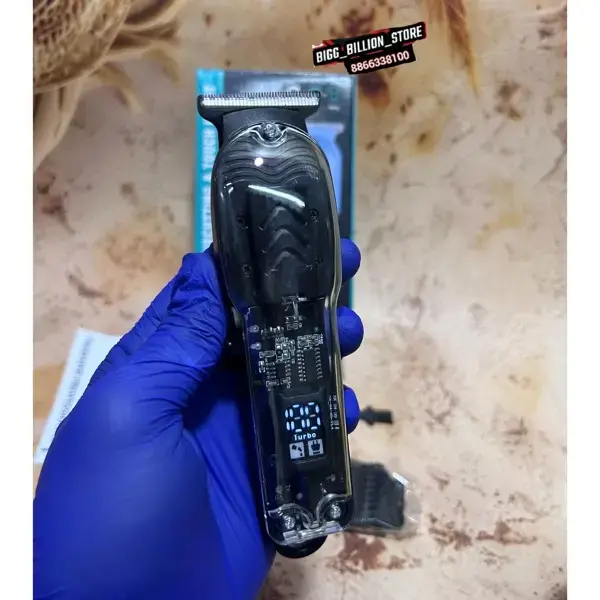 RECHARGEABLE PROFESSIONAL HAIR CUTTING MACHINE HAIR CLIPPERS CORDLESS  TRIMMER TRANSPARENT TRIMMER WITH DISPLAY Black