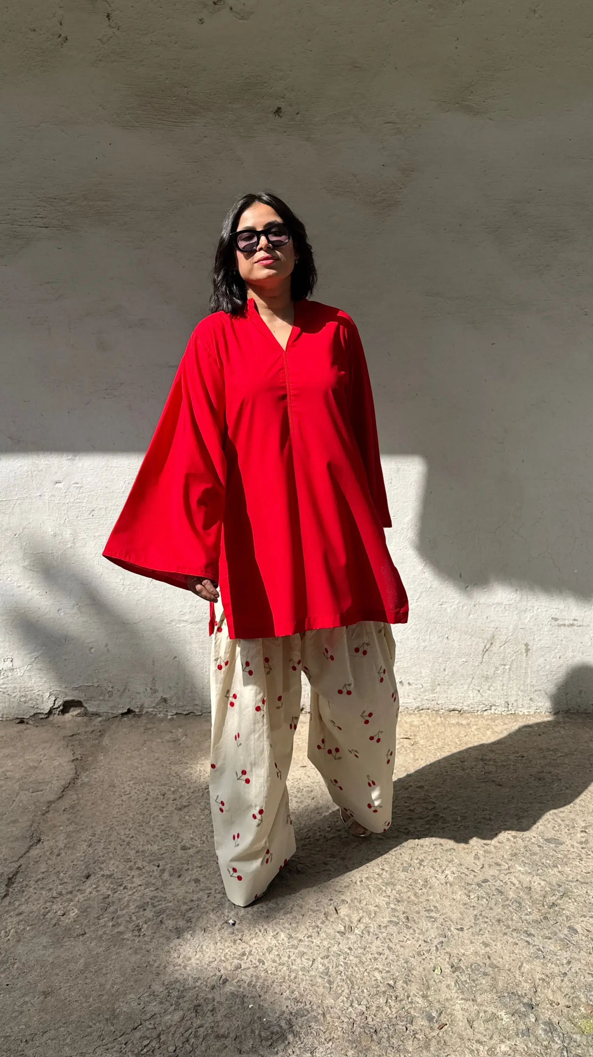 Cherry Embroidered Farshi Salwar Set by Pyoor – red oversized kurta with embroidered Farshi salwar in breathable cotton for festive wear