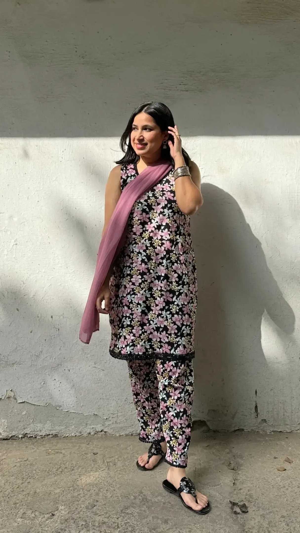 Printed cotton summer co-ord set for women with oversized fit and lace detail for a relaxed look