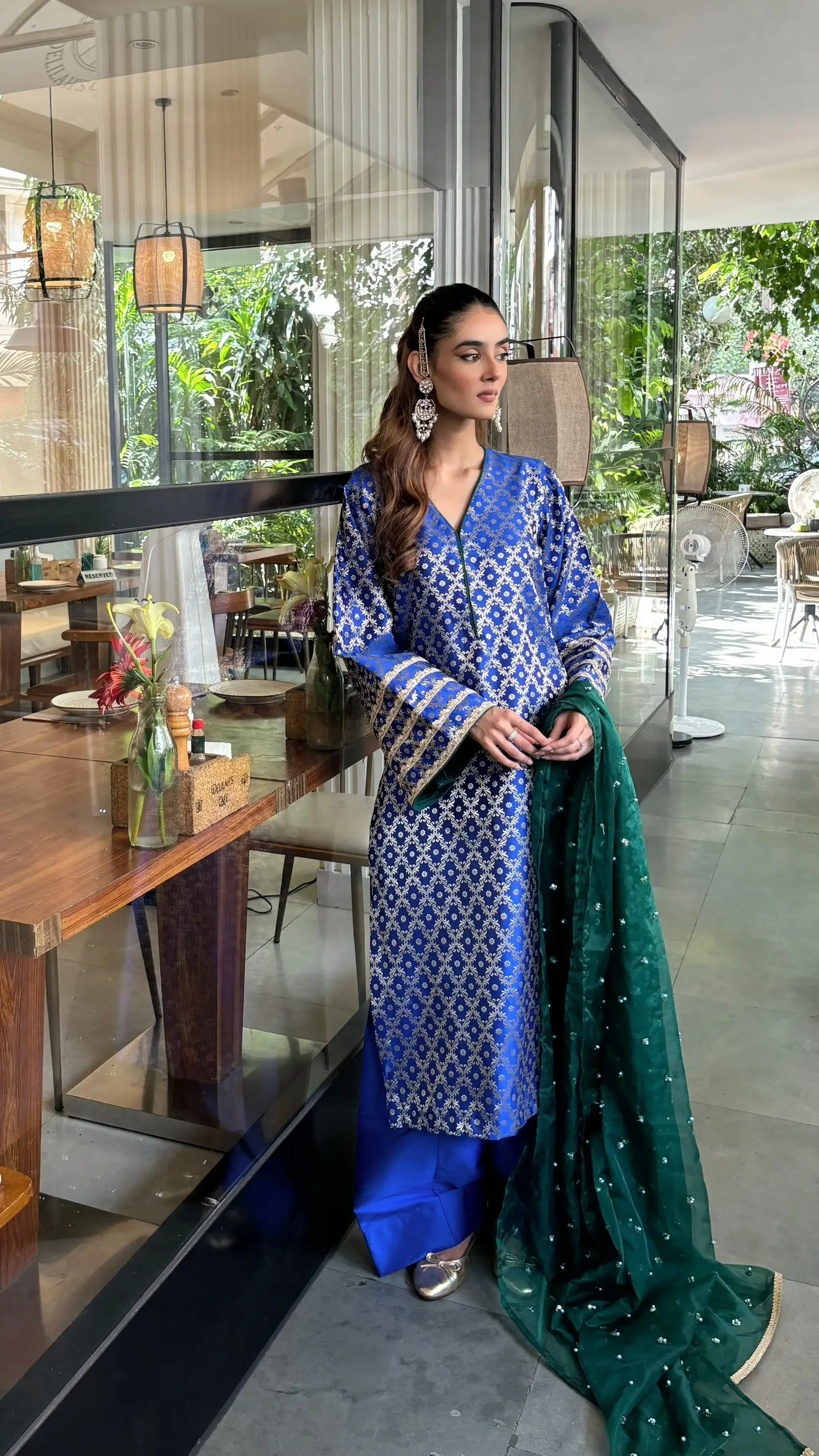 Blue Brocade Wedding Suit elegant mehendi outfit for bride with silk farshi salwar