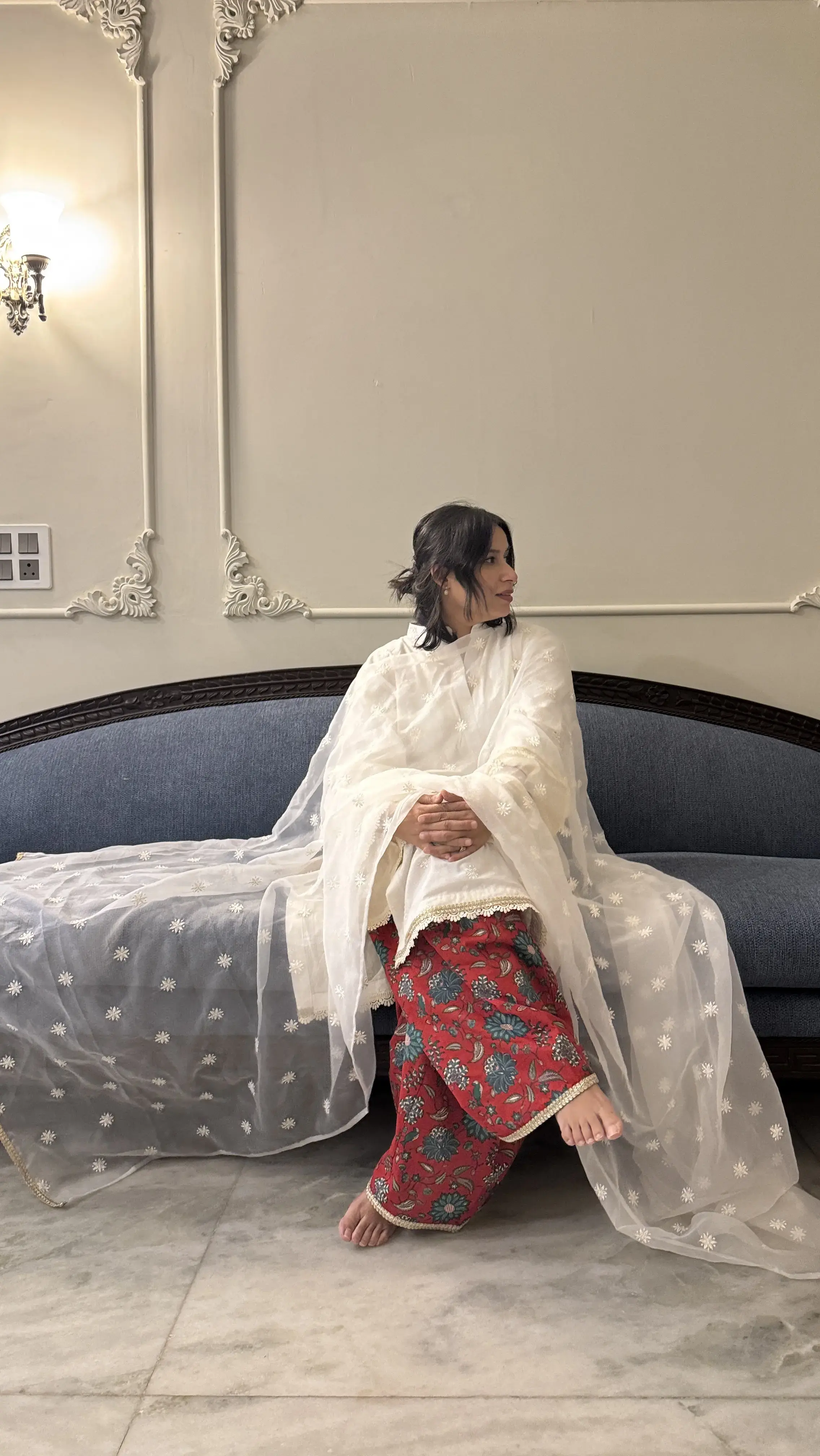 White Dove Farshi Set – serene white haldi outfits for bride with embroidered cotton kurta and block print Farshi salwar by Pyoor.