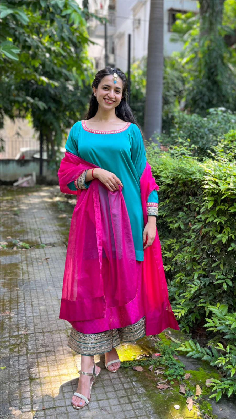 NOOR silk suit set with brocade pants showing elegant silk suit design and dupatta