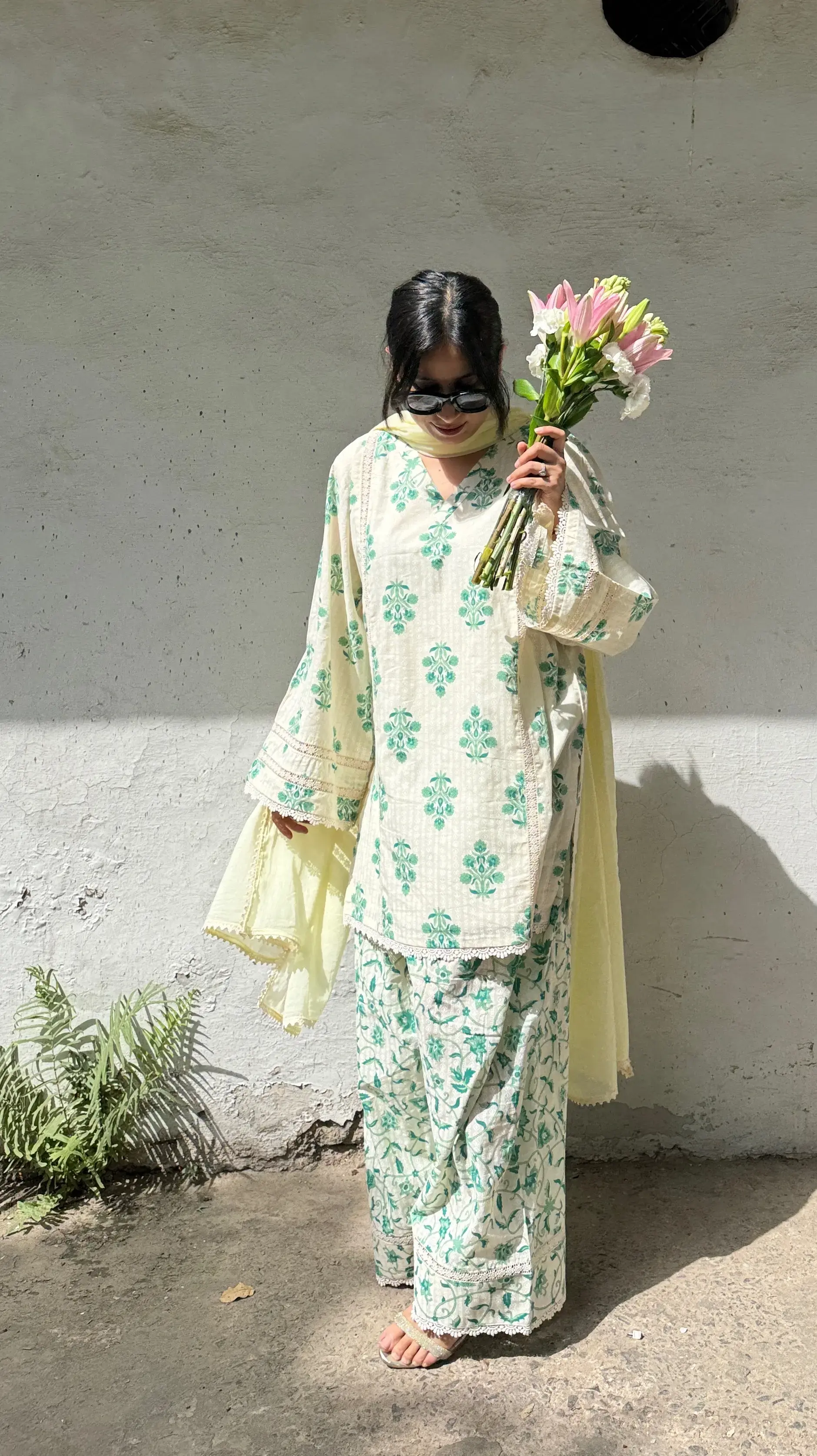 Soft cotton block print suit set in green with floral patterns and lime dupatta for summer wear