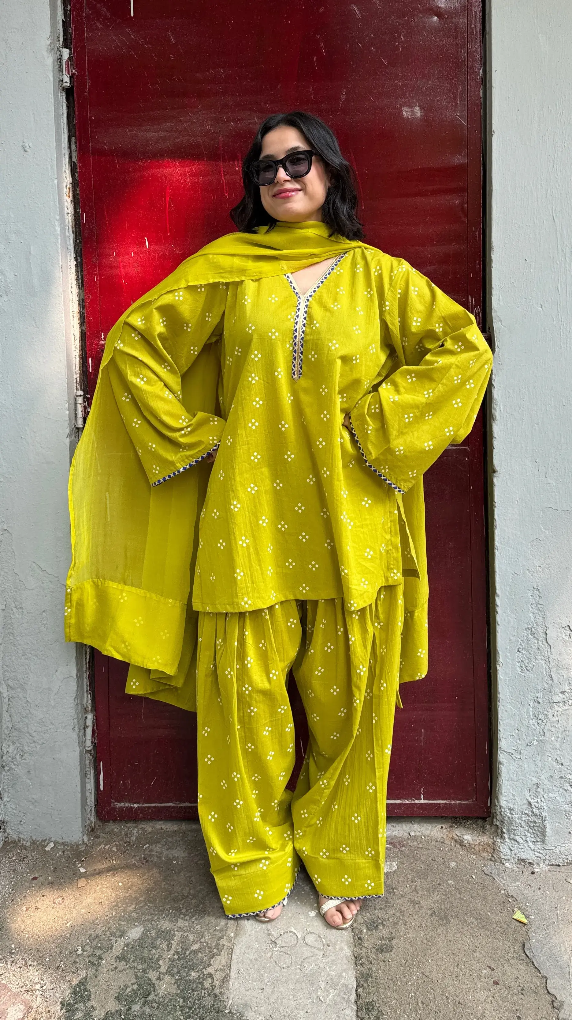 Noor Bandhani Farshi Set in lime mehendi with organza dupatta – perfect Diwali outfit for women