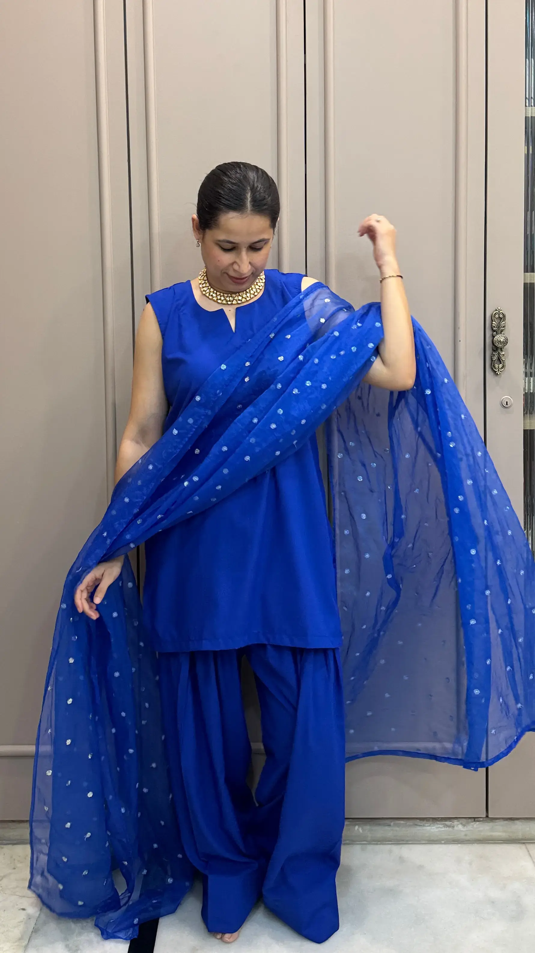 Midnight Blue Set with Farshi Salwar – elegant navy blue haldi outfits for bride crafted in soft cotton with embroidered organza dupatta.