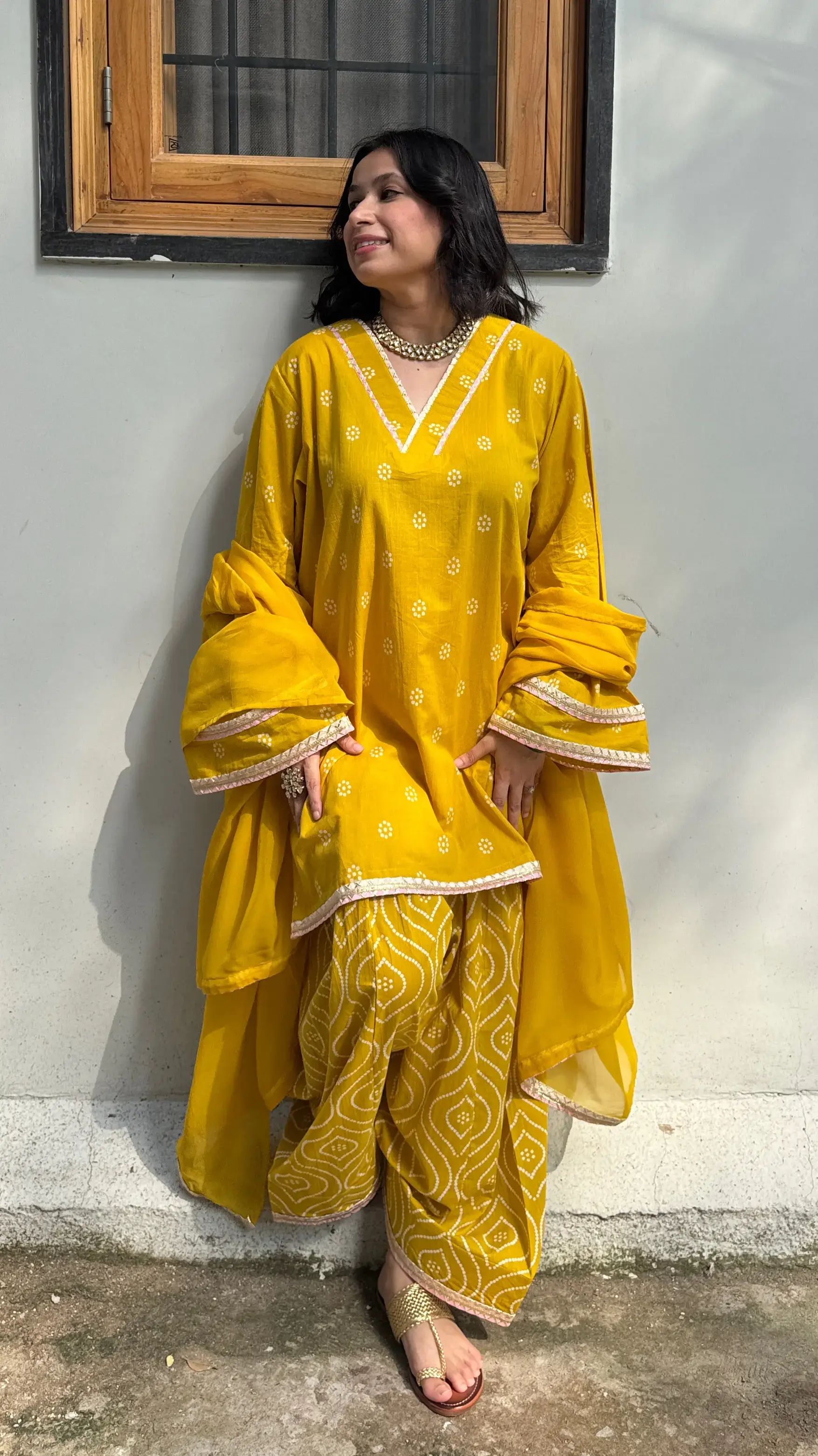 Yellow Bandhani Farshi Salwar Suit Set from Pyoor – bright festive outfit with organza dupatta and lace detailing for Diwali celebrations