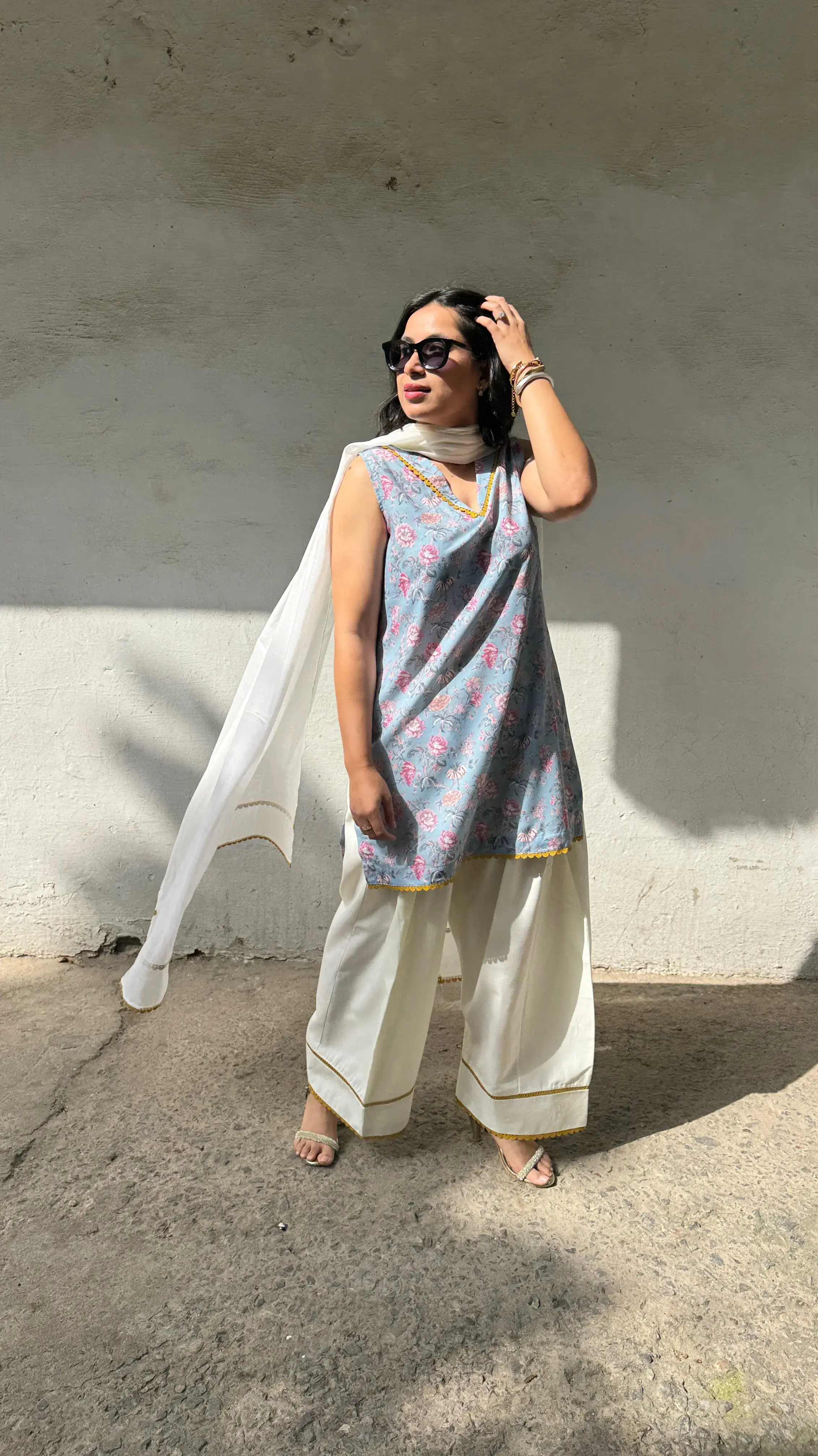 Sky blue cotton suit sets with dupatta featuring floral print kurta and farshi salwar