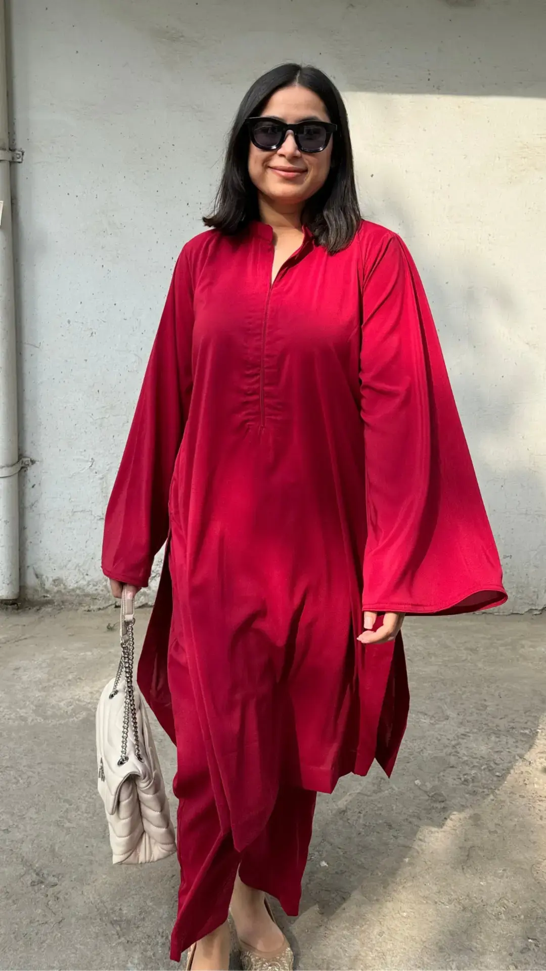 Solids Deep Red womens co-ords set with collared neck and bell sleeves in Middle Eastern oversized fit