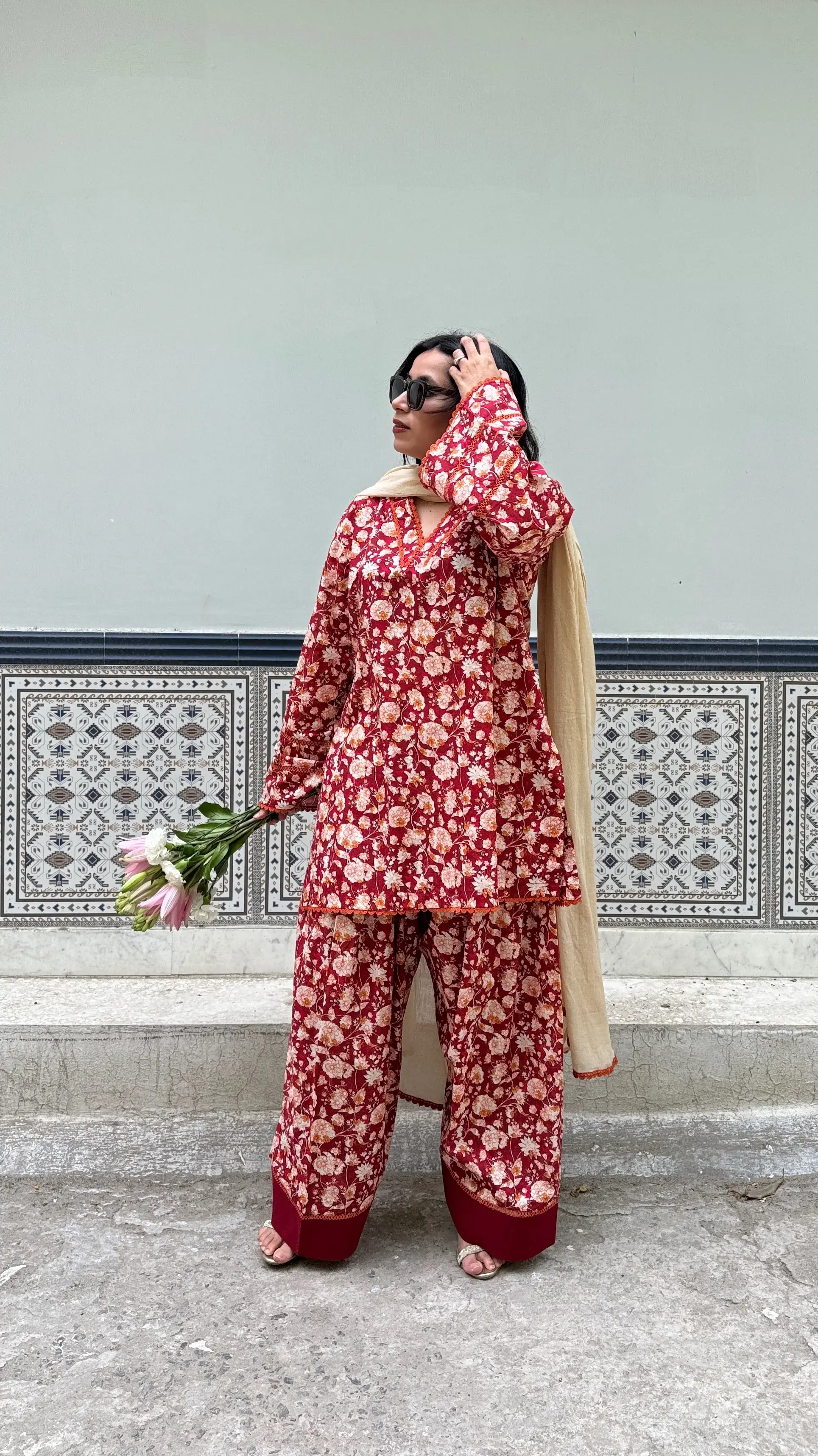 Rukmani Rust Red Farshi Salwar Set – cotton farshi salwar set with lace and soft mul dupatta