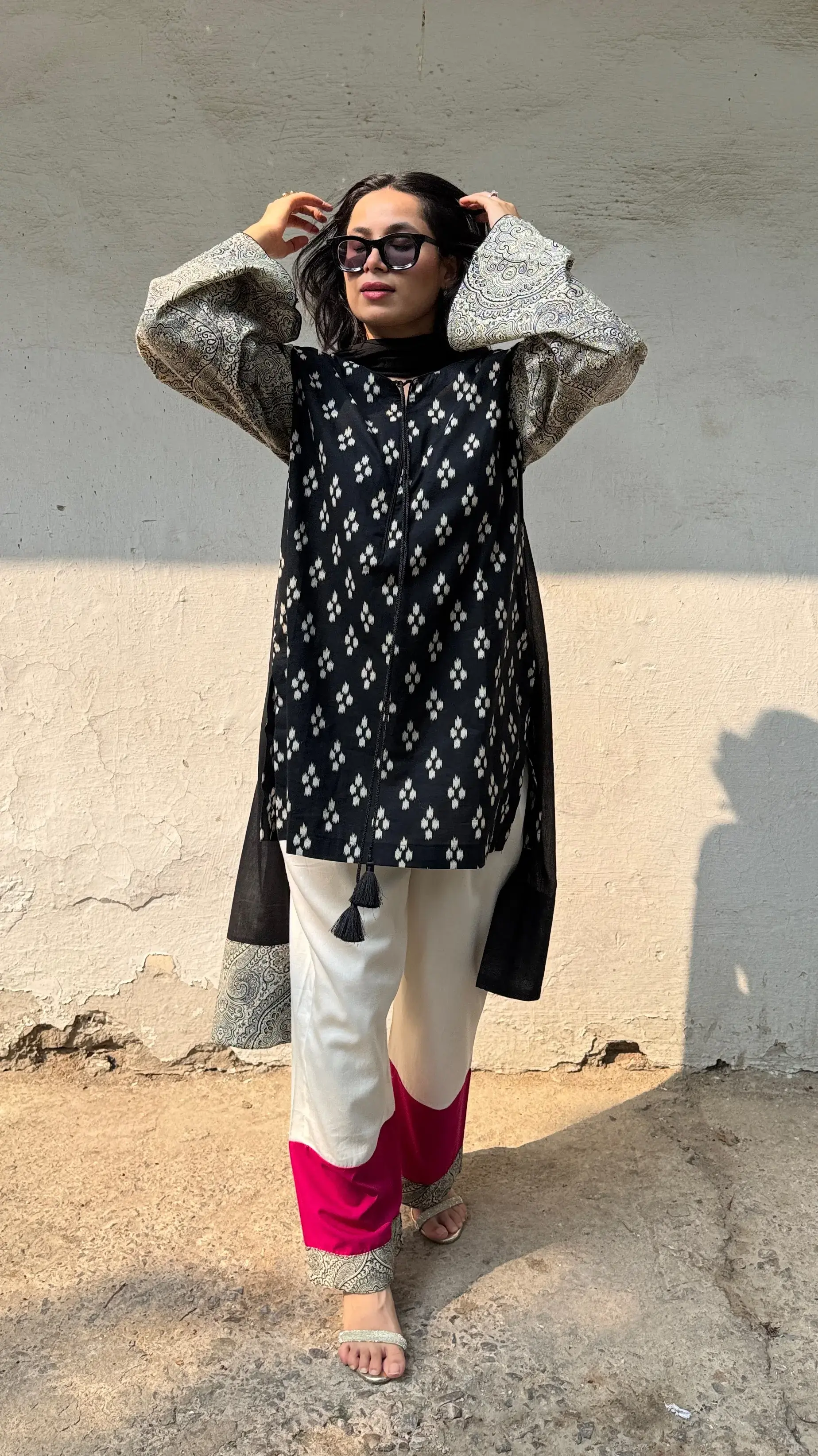 Kaju Katli cotton suit with contrast palazzo and dupatta, graceful summer suits for women.