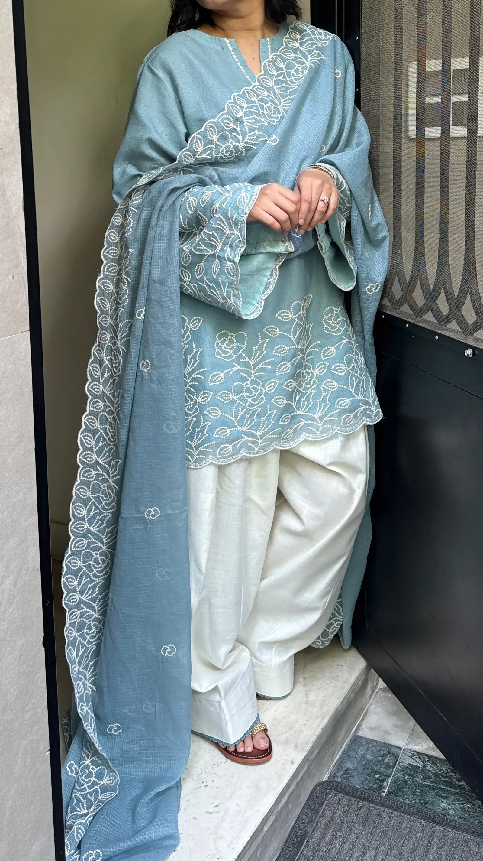 Embroidered Kota Farshi Salwar Set from Pyoor in soft blue with delicate embroidery and white cotton salwar for Karwa Chauth special dress