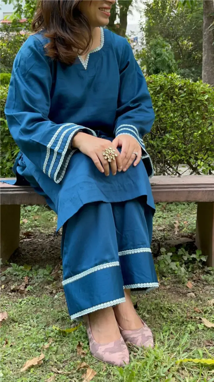 Neel cotton co-ord set in lustrous tone – elegant blue colour suit for modern Indian wear