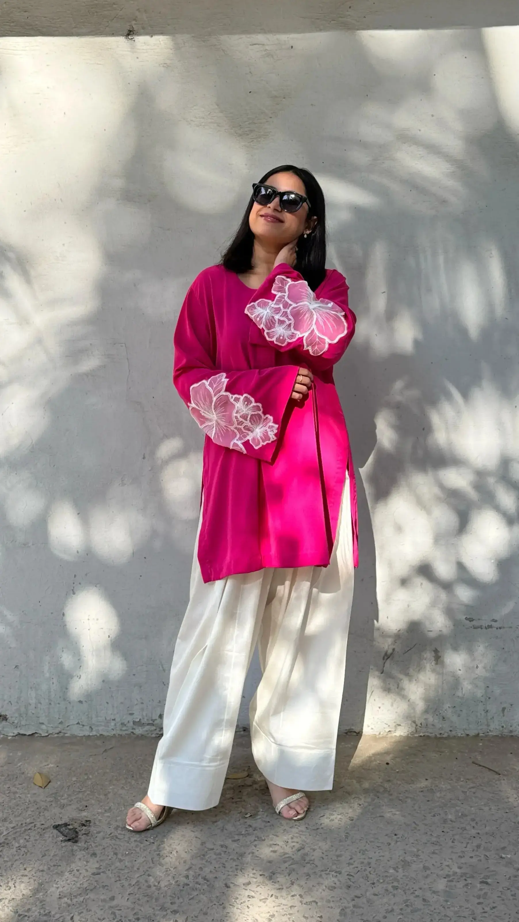 Soft breathable Solids Gulabi Farshi Salwar set with embroidered details for Eid celebration.