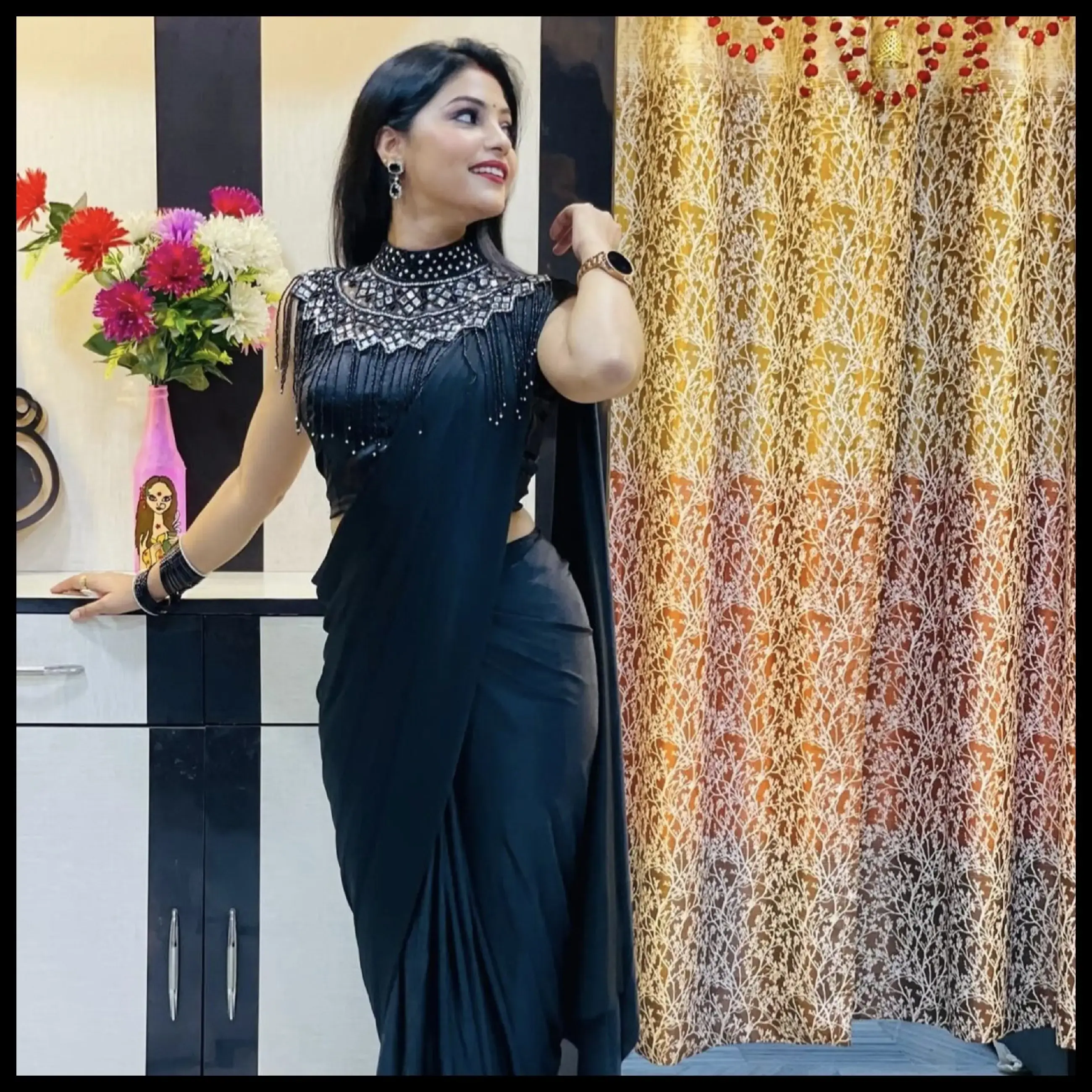 Buy Ready To Wear Saree With Stiched Blouse and Pochu [Neckless