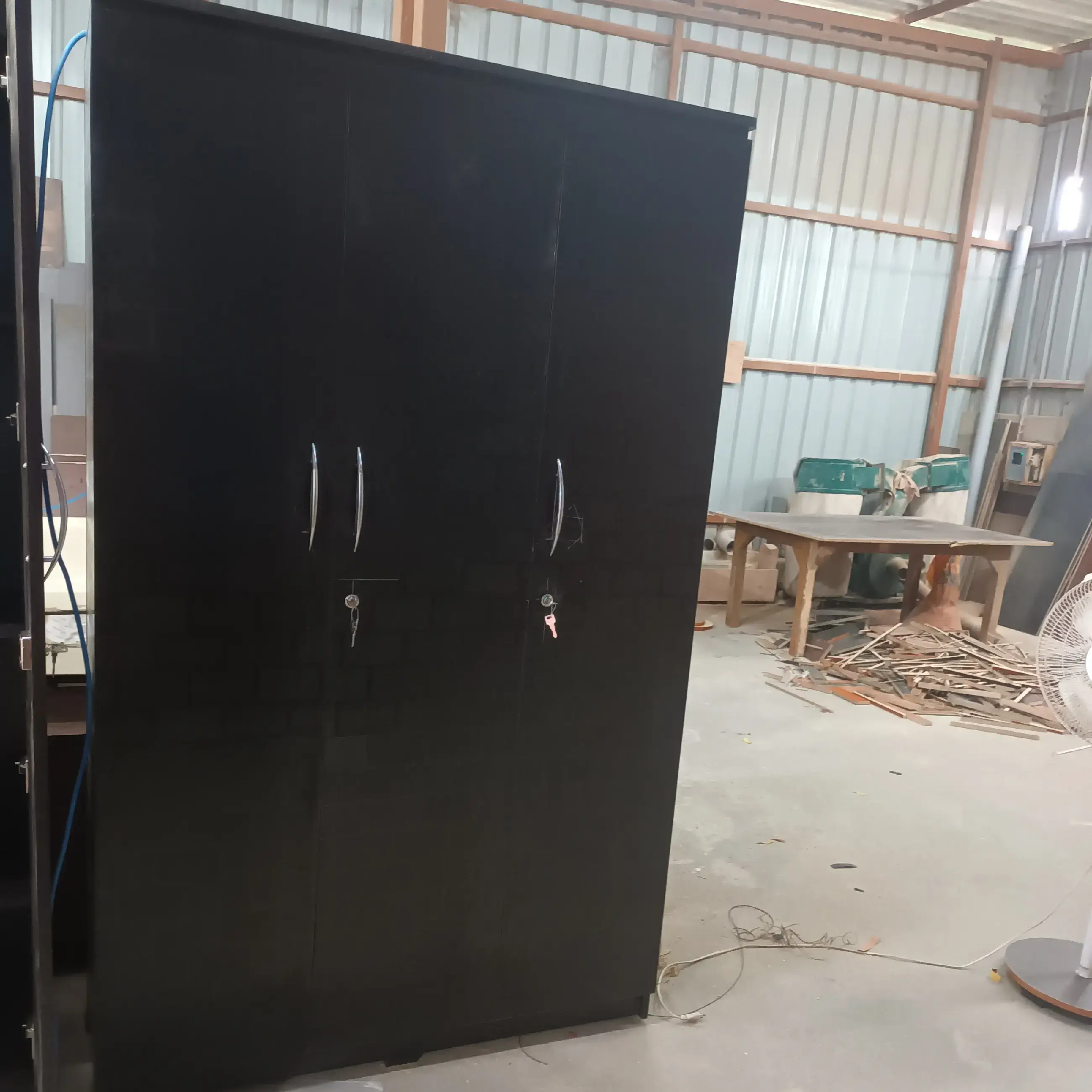 3 Door Wardrobe Plain Black - 1