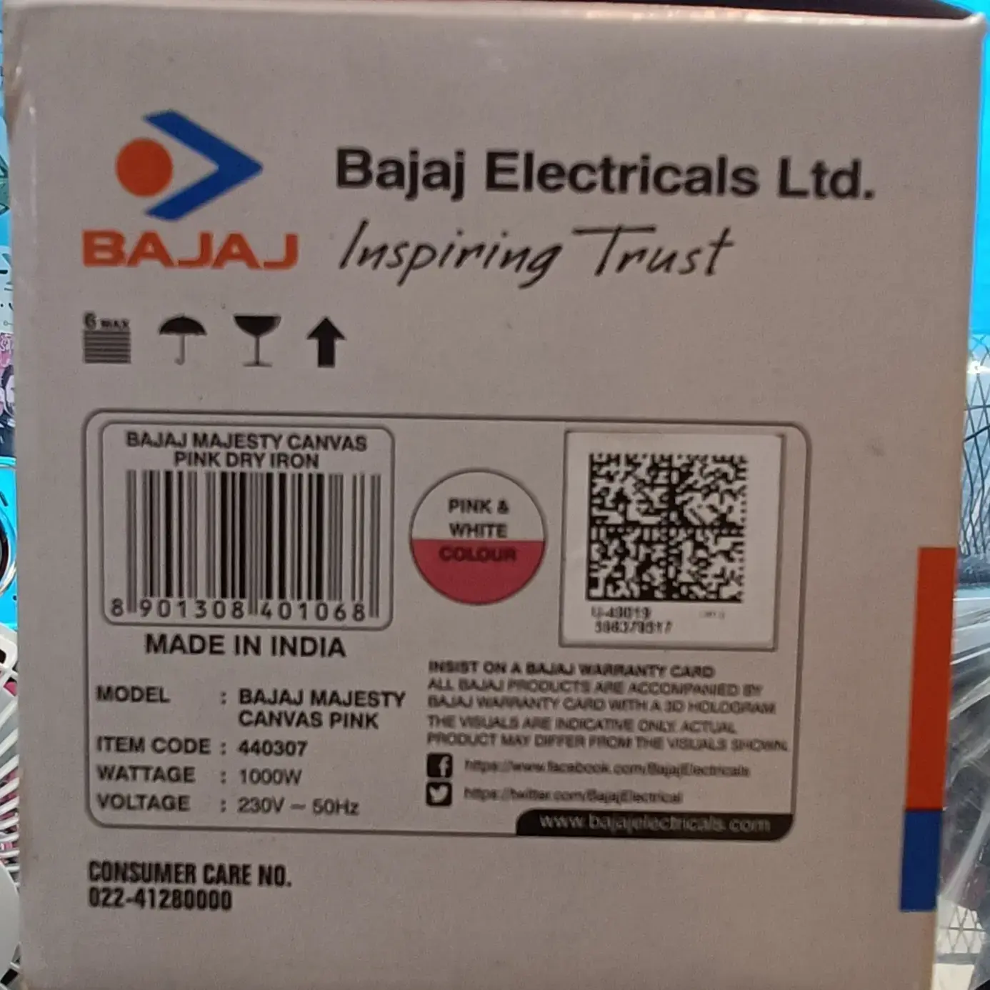 BAJAJ MAJEDTY CANVAS PINK DRY IRON 1000