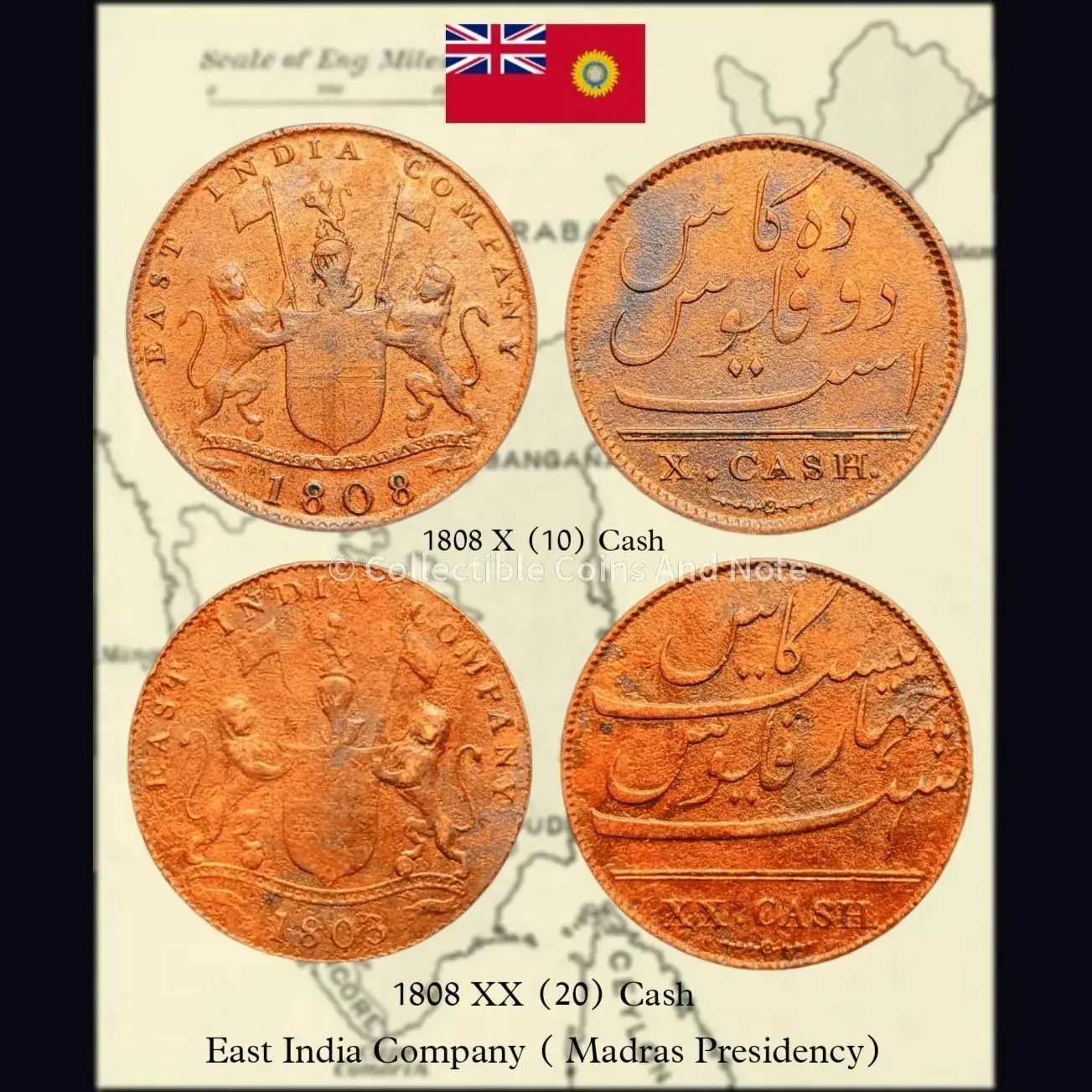 Extremely Rare East India Company Madras Presidency Soho Mint Set of Copper XX & X Cash 1808 AD KM#321/319  - 1