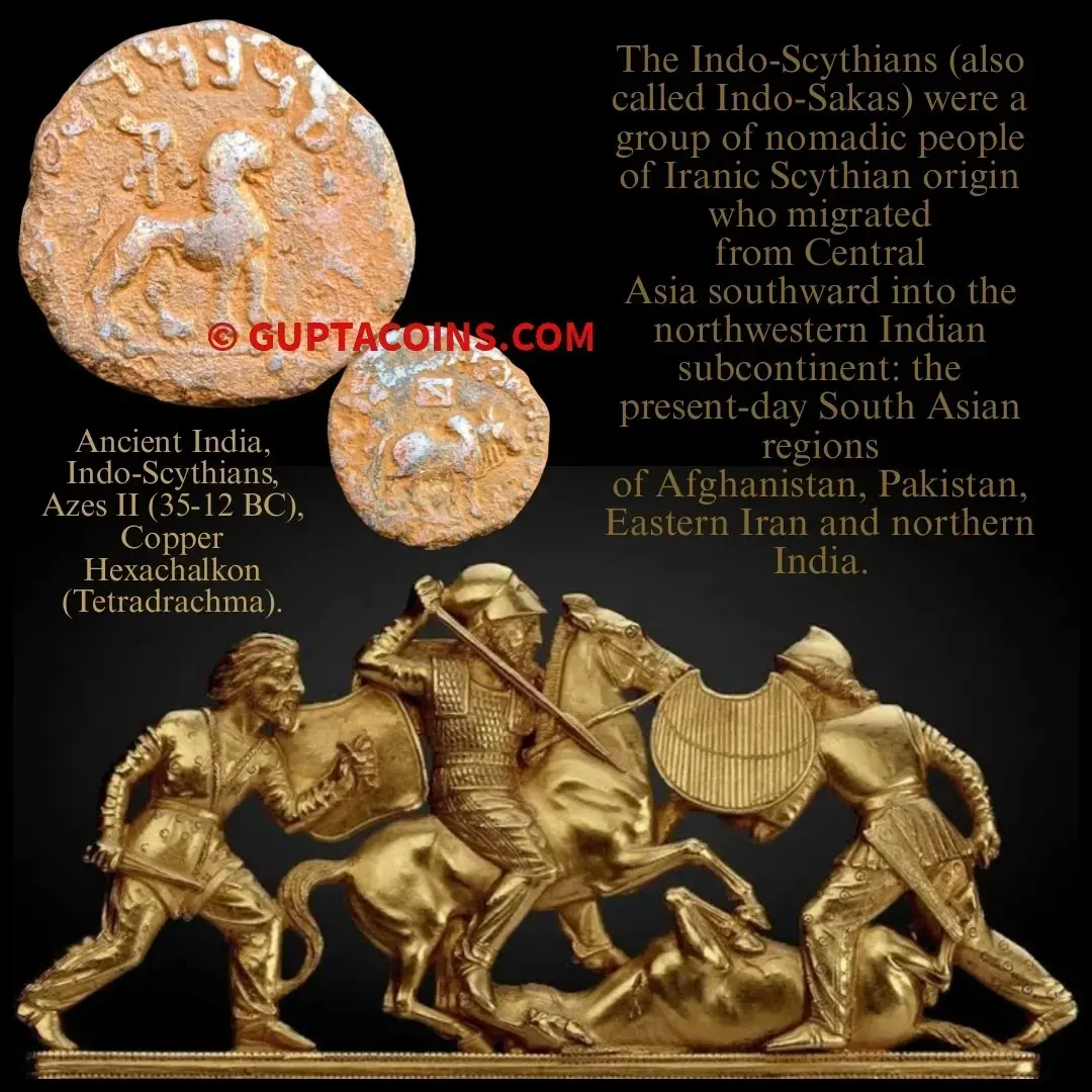 Ancient India,
Indo-Scythians Azes II (35-12 BC) Copper Hexachalkon/ Tetradrachm - 1
