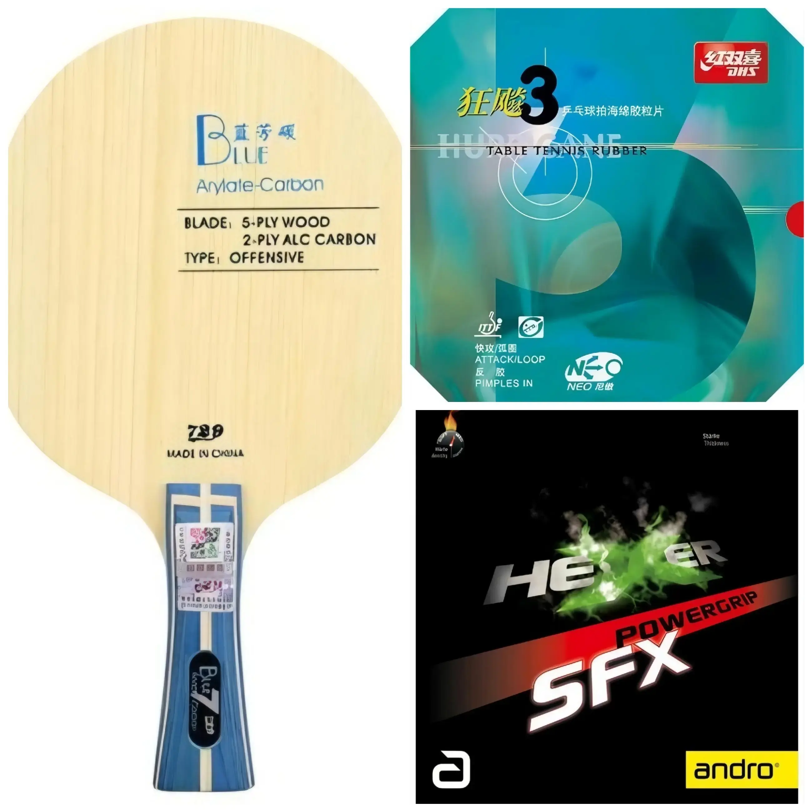Friendship Blue ALC Blade with Hexer Power Grip and Hurricane Neo Rubber Combo