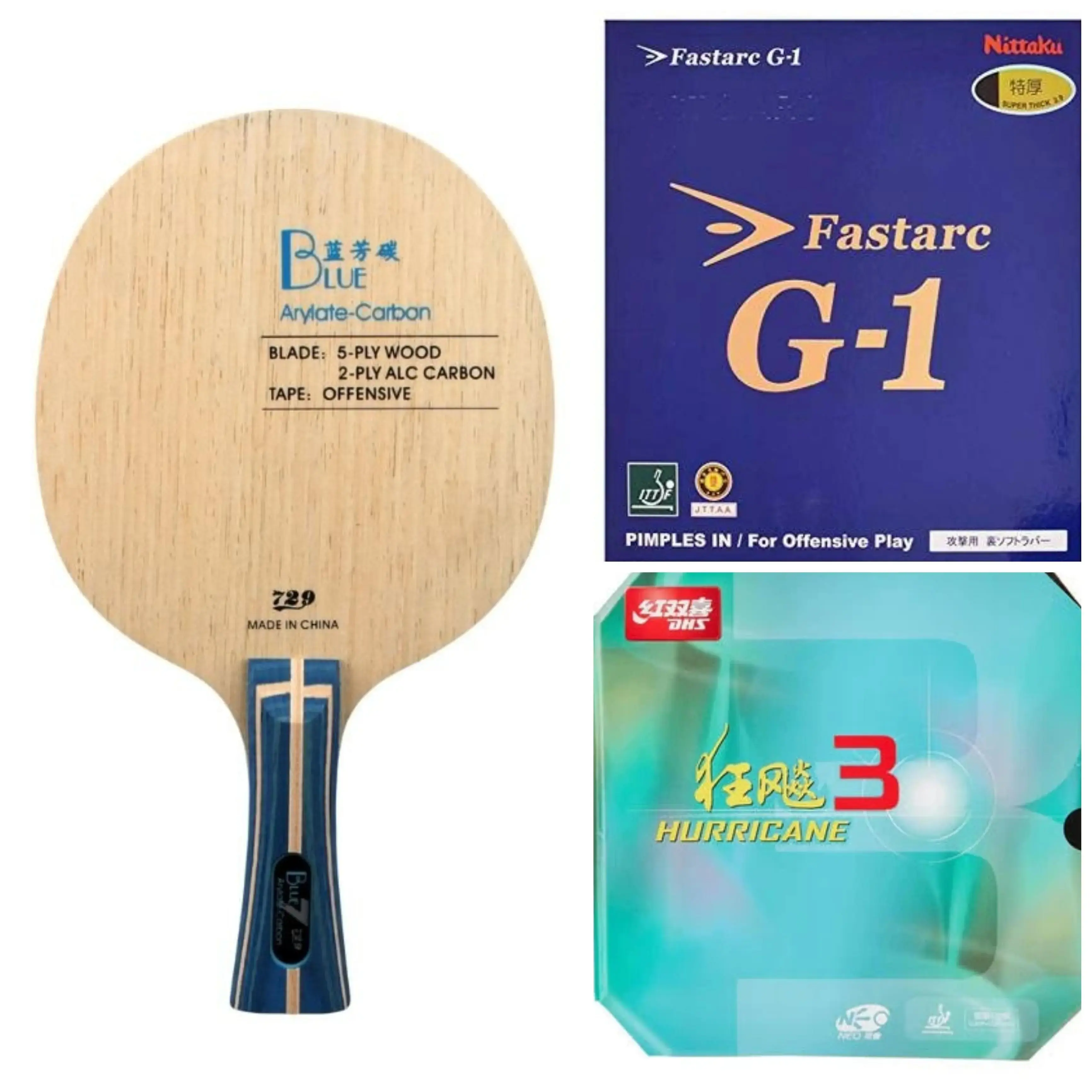 Friendship Blue ALC blade with Hurricane 3 forehand and Nittaku Fastarc G-1 backhand