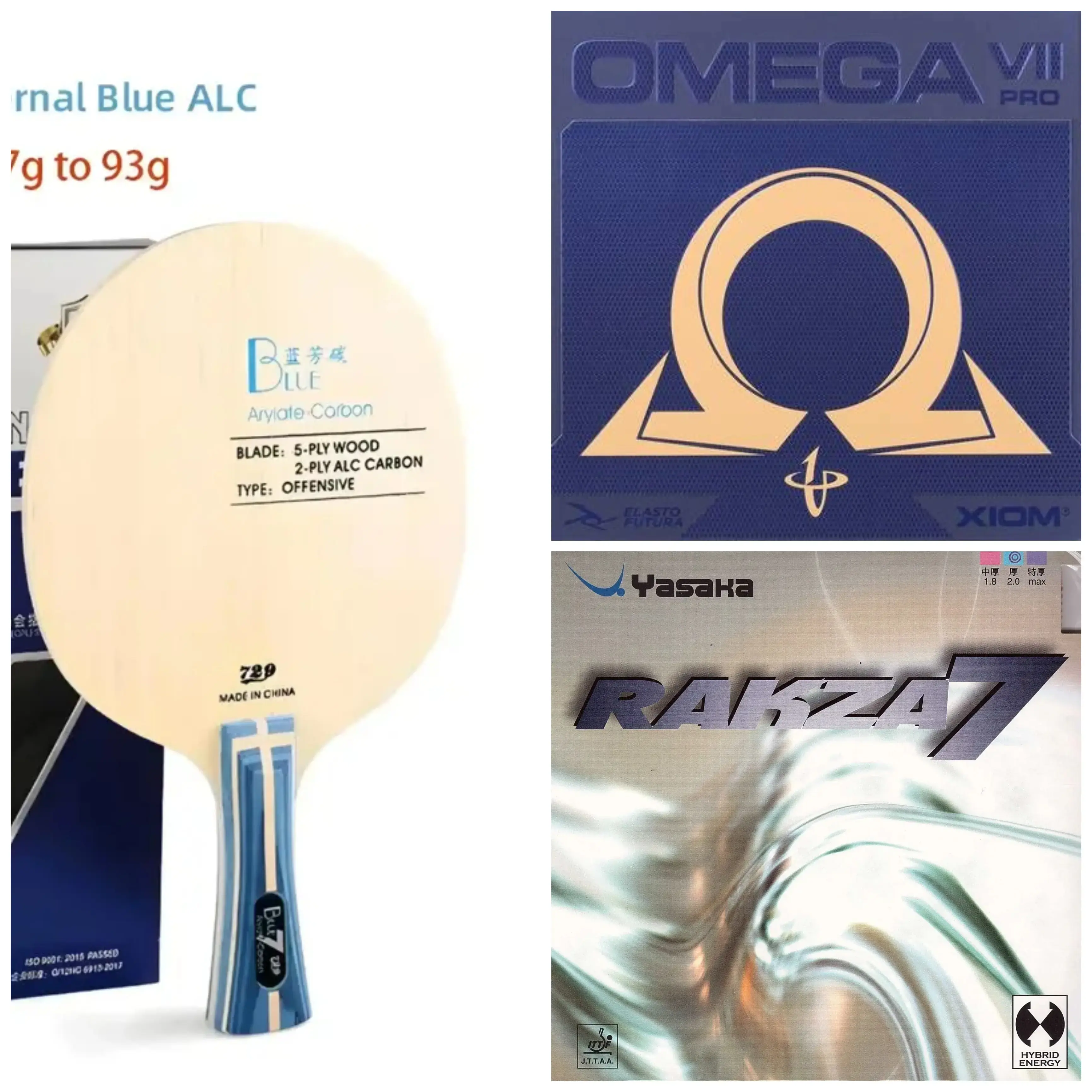 Friendship Blue ALC blade with Omega 7 Pro and Rakza 7 table tennis rubber combo