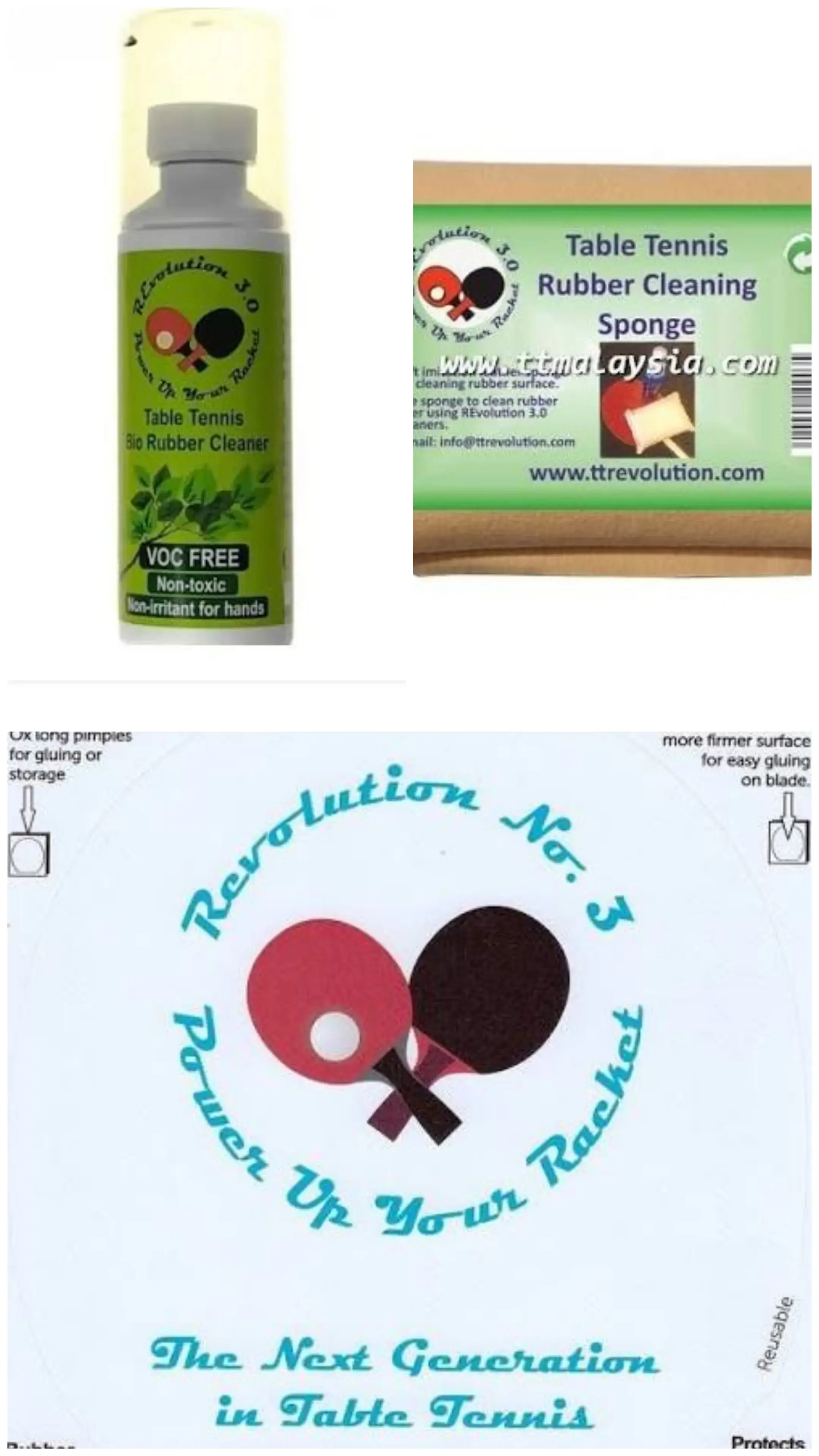 Revolution No.3 Table Tennis Rubber Care Kit | Bio Rubber Cleaner + Cleaning Sponge +2 Protective Film
