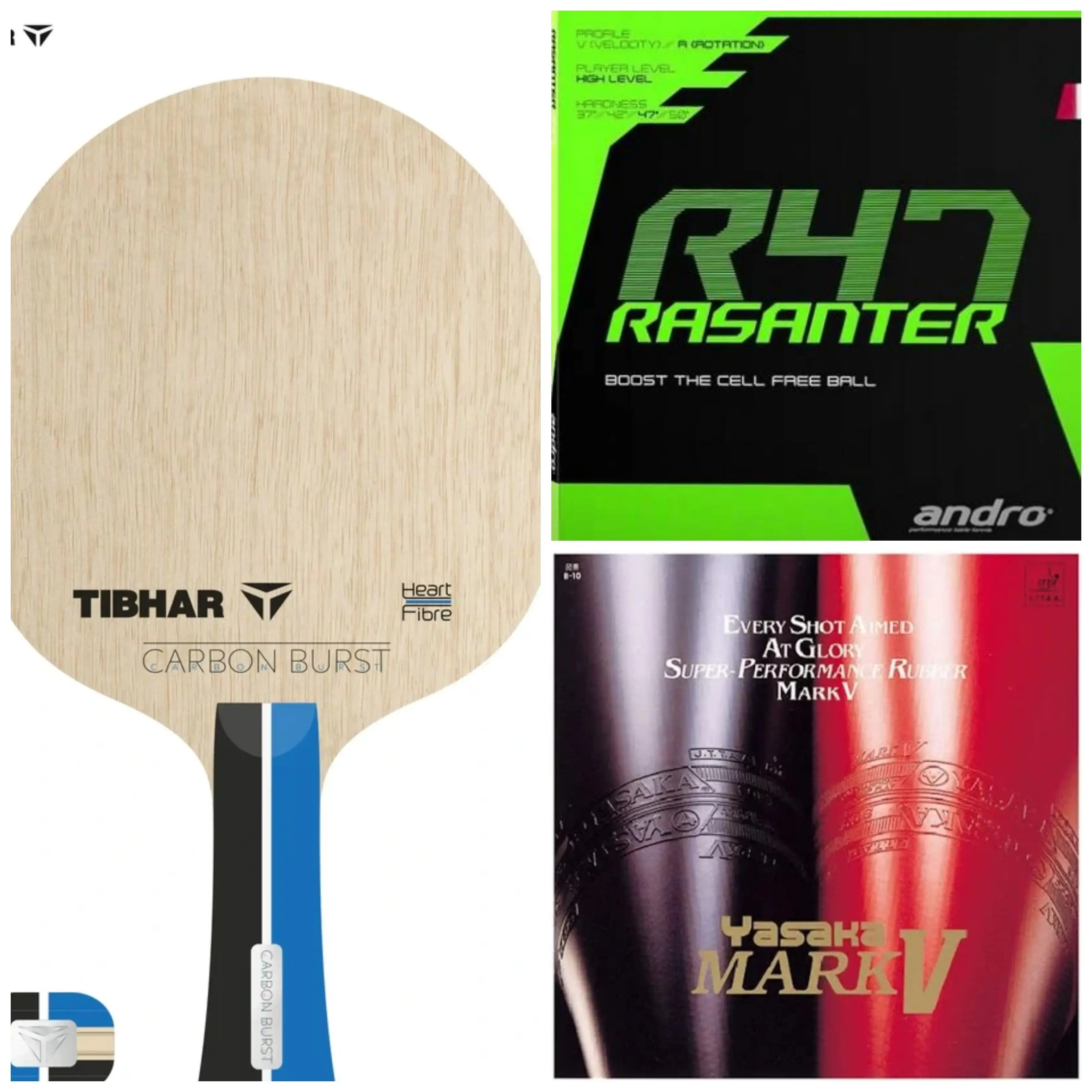Tibhar carbon burst blade with rasanter r47 and mark v rubber combo