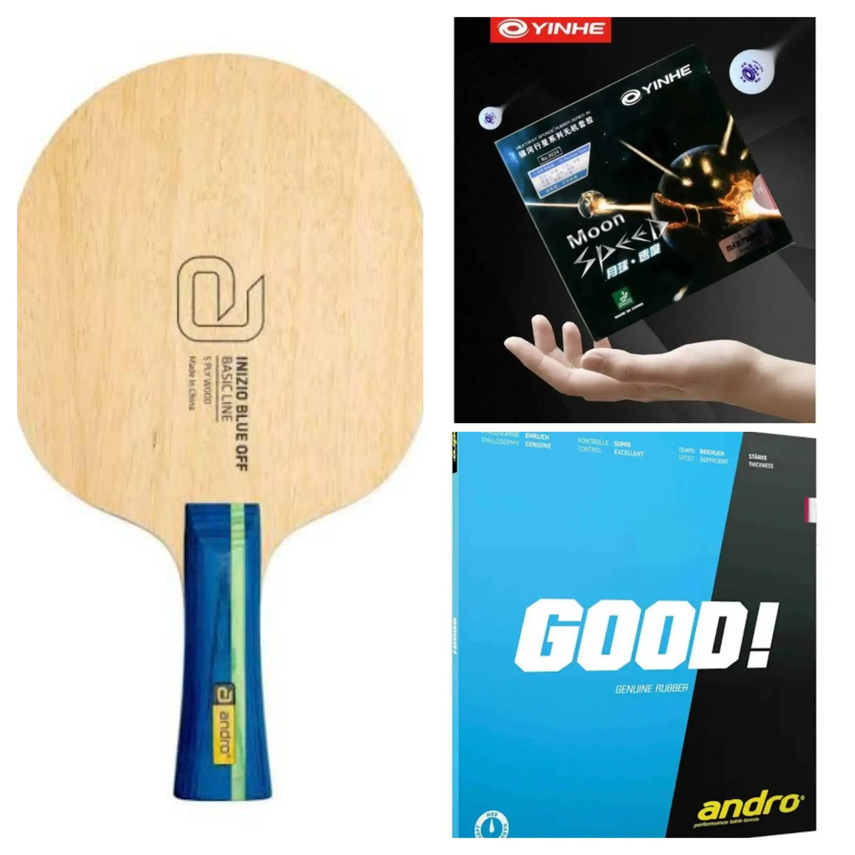 Andro Inizio Table Tennis Blade with Yinhe Moon Speed Rubber & Andro Good! Rubber – Control Spin Combo