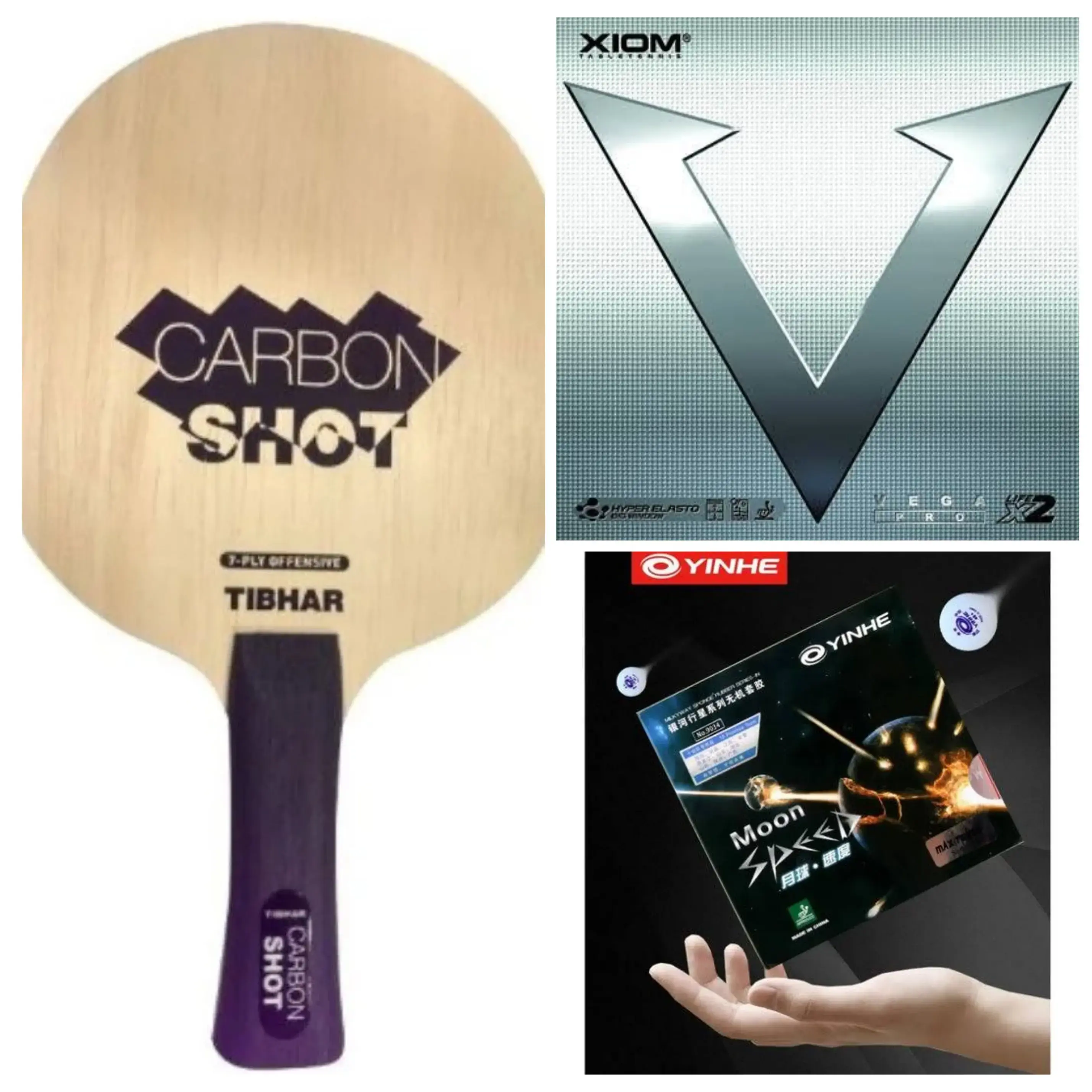 Tibhar Carbon Shot Table Tennis Blade with Xiom Vega Pro Rubber & Yinhe Moon Speed Rubber – Spin Attack Racket