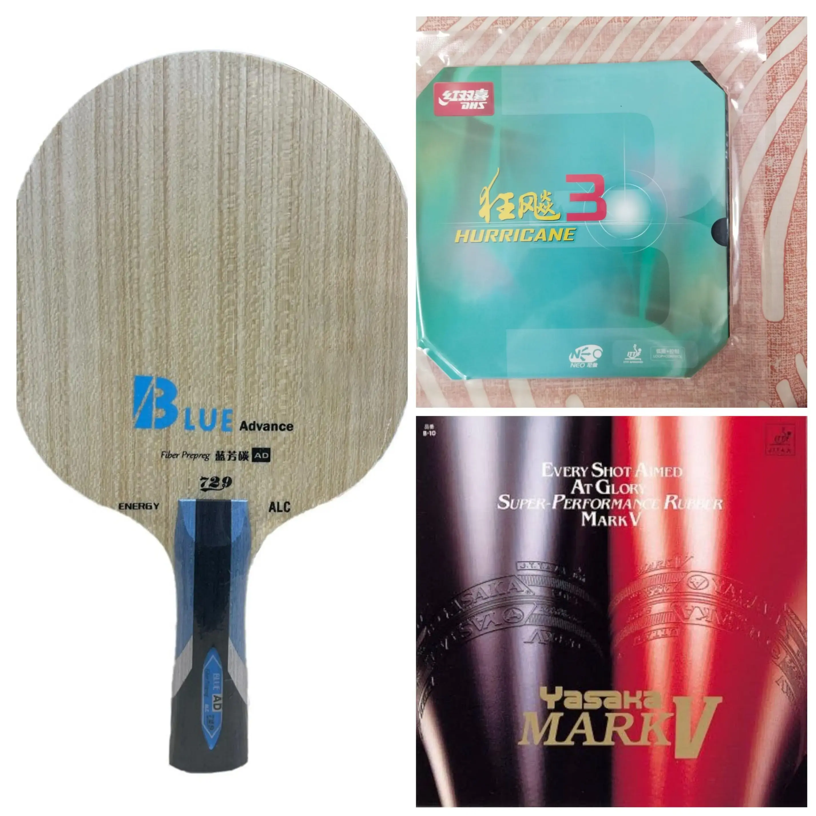 Friendship Blue Advance Table Tennis Blade with DHS Hurricane 3 Neo (FH) & Yasaka Mark V (BH) – Assembled Racket