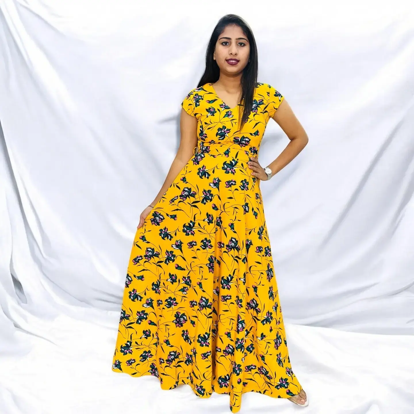 Women Yellow Flower Printed Dress - 1