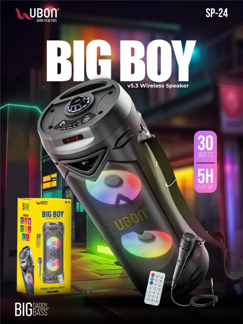 UBON Big Boy SP-24 Wireless Bluetooth Speaker 30W Powerful Sound  Hours Playtime Mic Remote Included