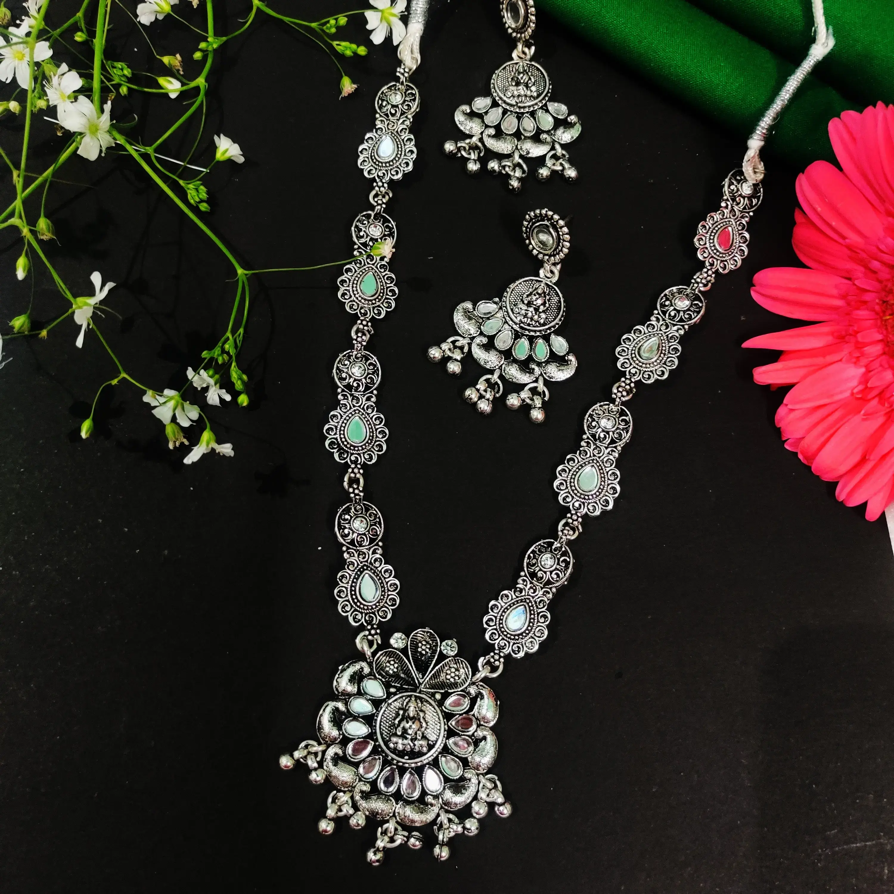 Buy Statement Oxidised Necklace Set With Earrings online at best