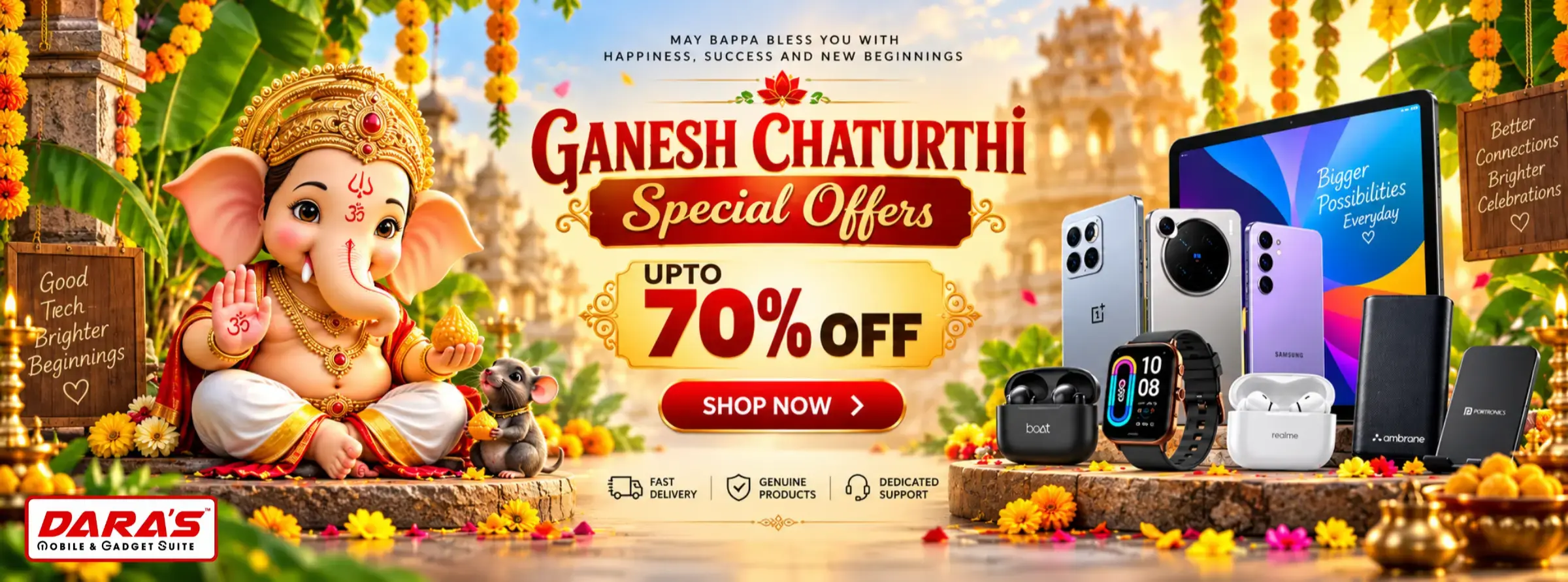 DARAS MOBILES Raksha Bandhan special offers featuring Zavia Lazer 333 smartwatch at ₹799, Noise Pulse 2 Max at ₹999, and URBAN Arc Pro Fitness Band at ₹2,199.