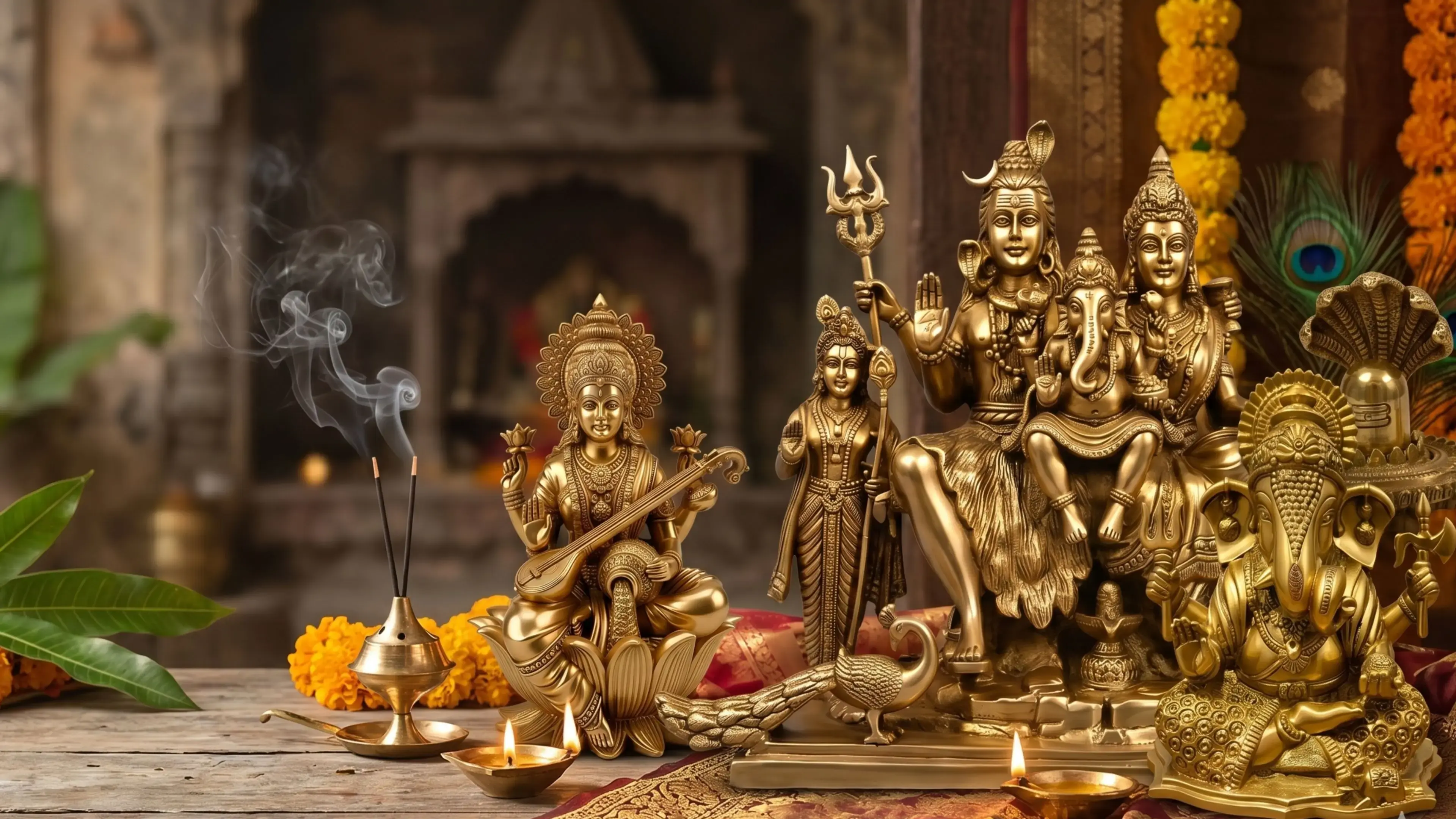 A collection of handcrafted polished brass idols featuring Lord Ganesha, the Shiv Parivar, Goddess Lakshmi, Saraswati, and Lord Hanuman arranged on a wooden shelf for home decor and puja.