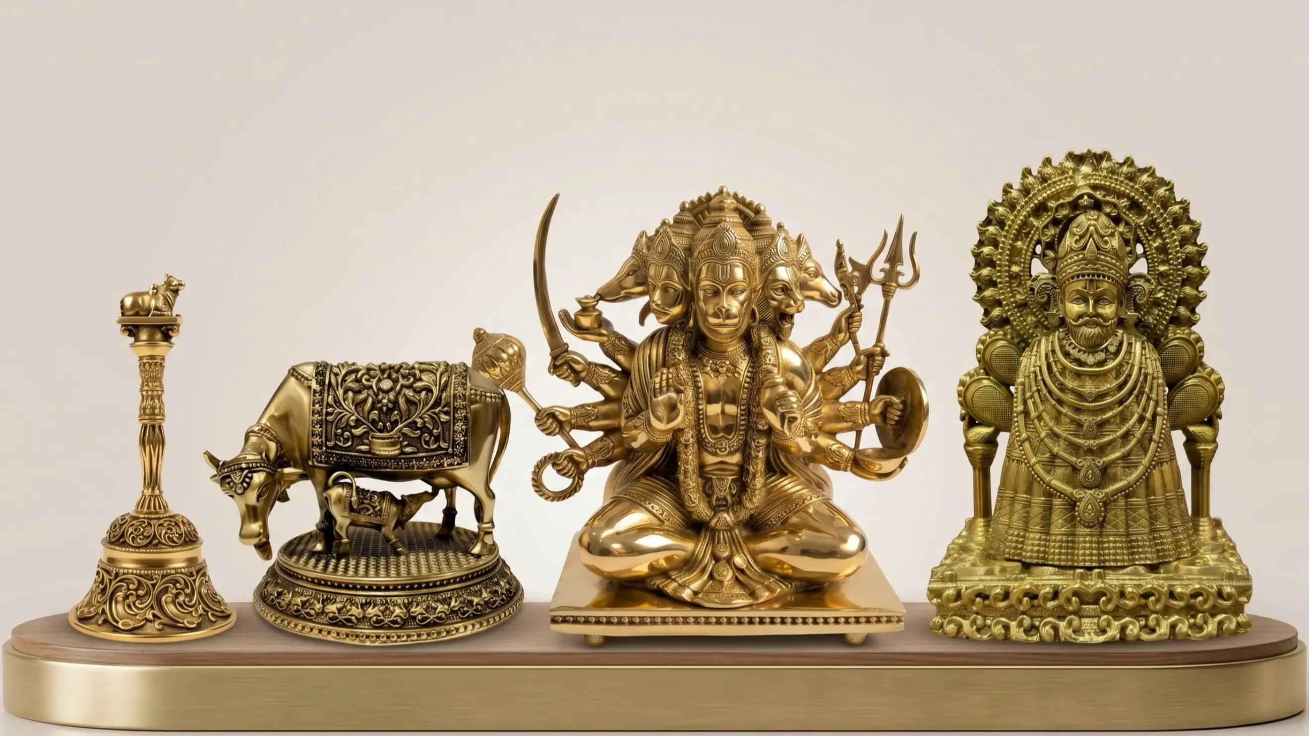 A collection of handcrafted polished brass idols featuring Lord Ganesha, the Shiv Parivar, Goddess Lakshmi, Saraswati, and Lord Hanuman arranged on a wooden shelf for home decor and puja.