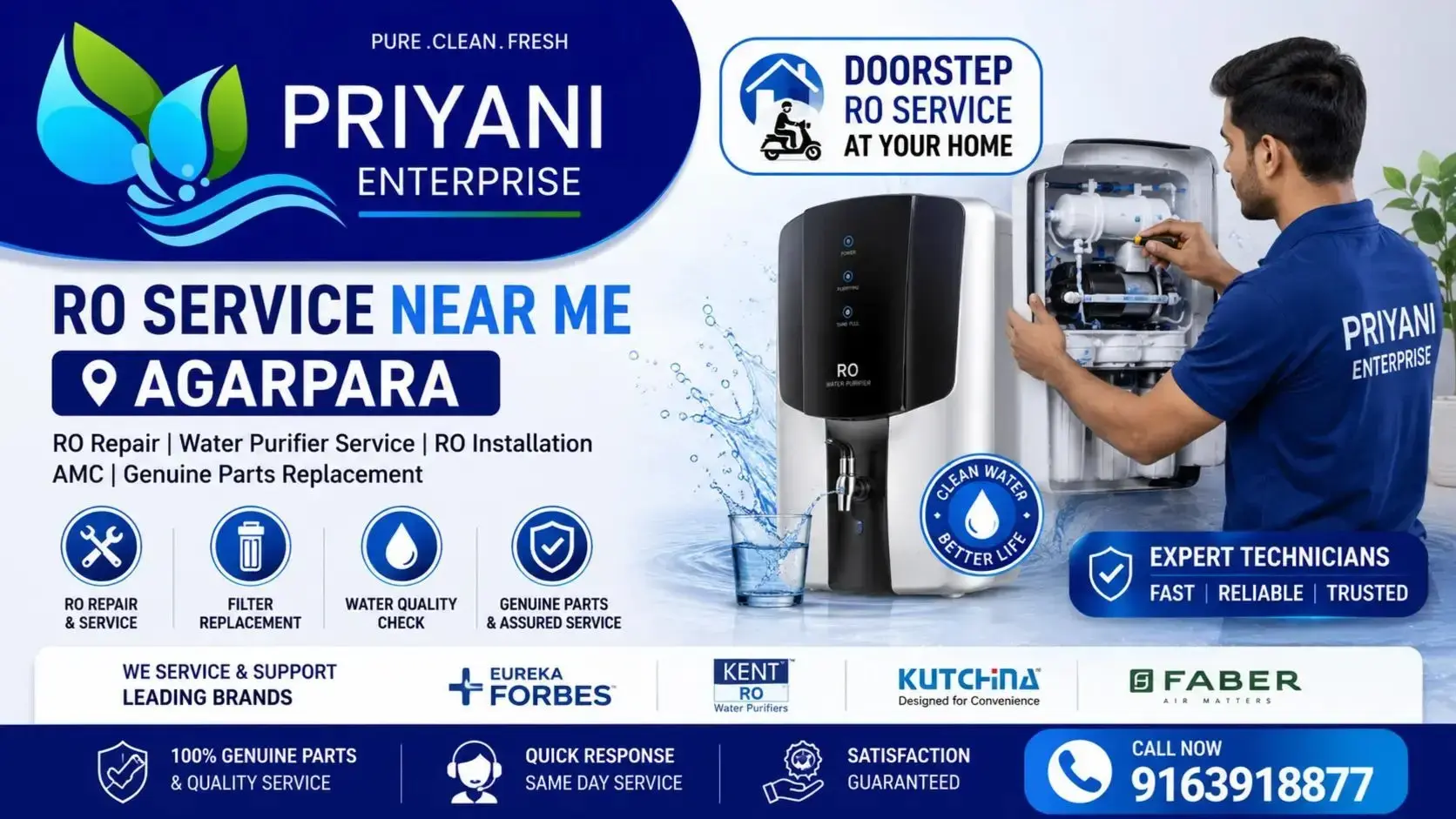 Priyani Enterprise RO water purifier service and repair in Agarpara with doorstep RO service, filter replacement, installation, AMC, water quality check and genuine parts