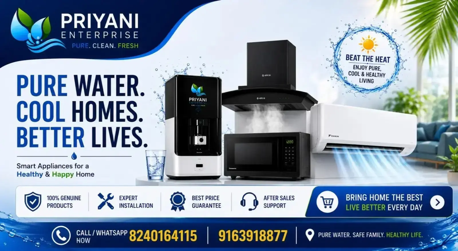 Priyani Enterprise premium home appliances banner featuring water purifier, air conditioner, chimney and microwave with pure water and healthy home theme in Kolkata.