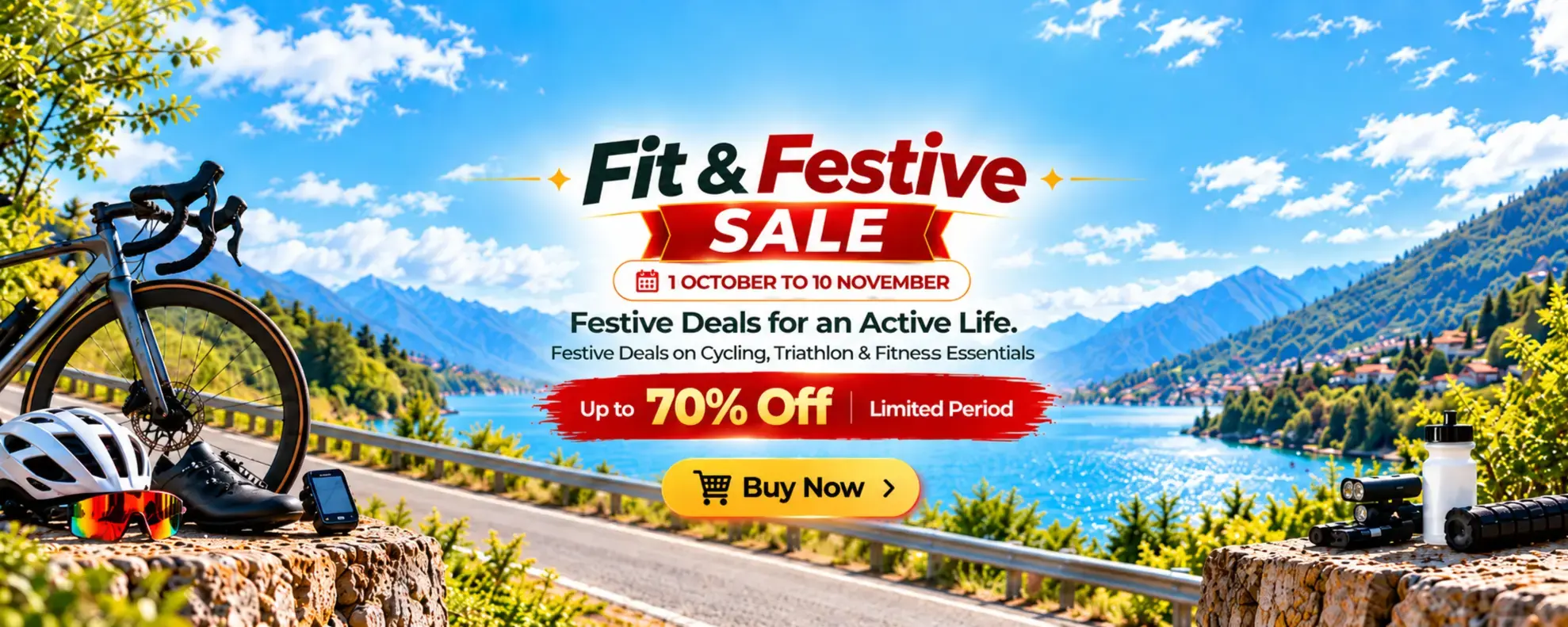 Fit & Festive Sale cycling banner with up to 70% off on cycling, triathlon and fitness essentials from 1 October to 10 November.