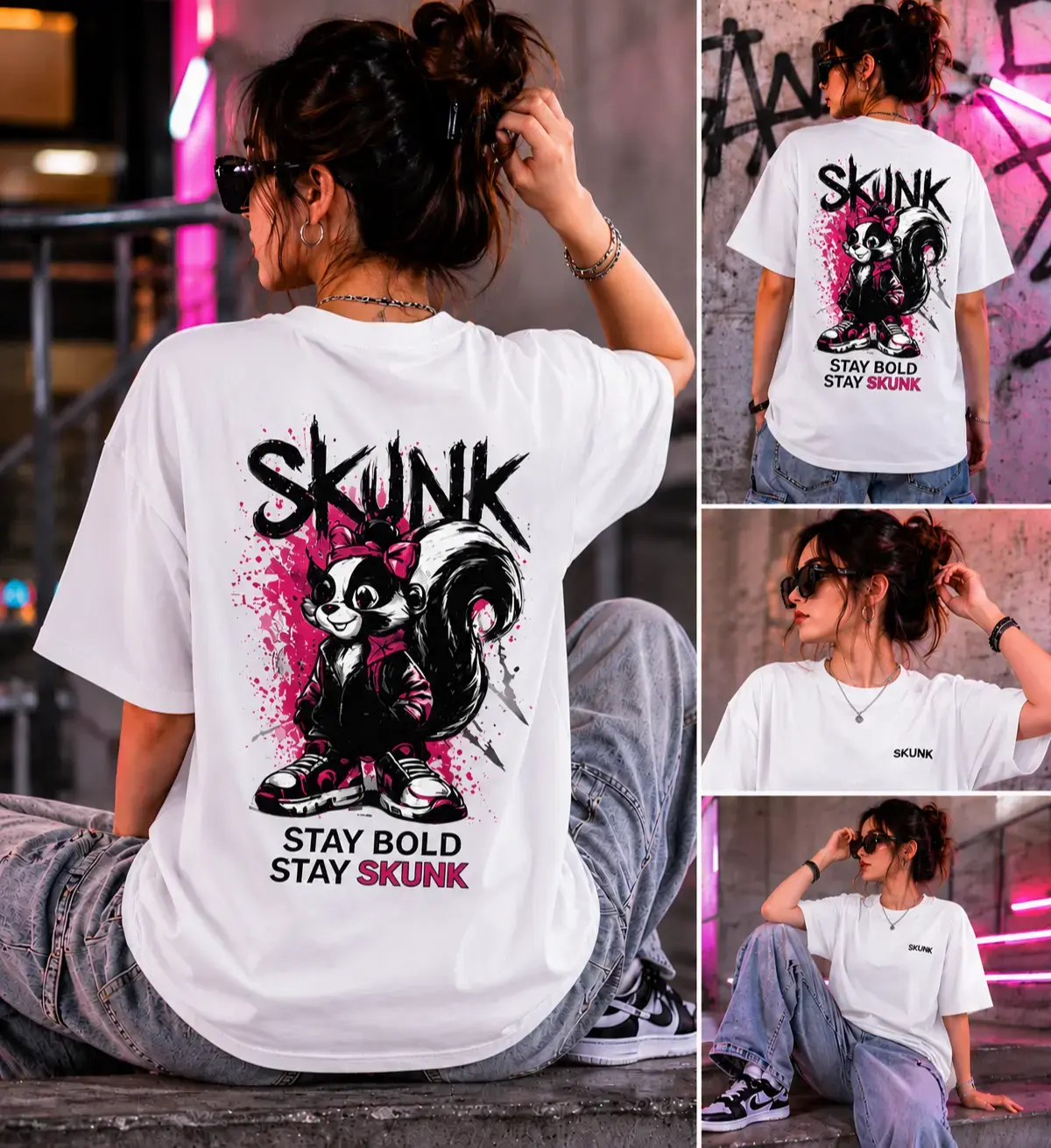 TAY BOLD. STAY REBELLIOUS. STAY SKUNK.
Make a powerful statement without saying a word. The SKUNK "Stay Bold" White Oversized T-Shirt is engineered for those who live on the edge of urban culture. Com