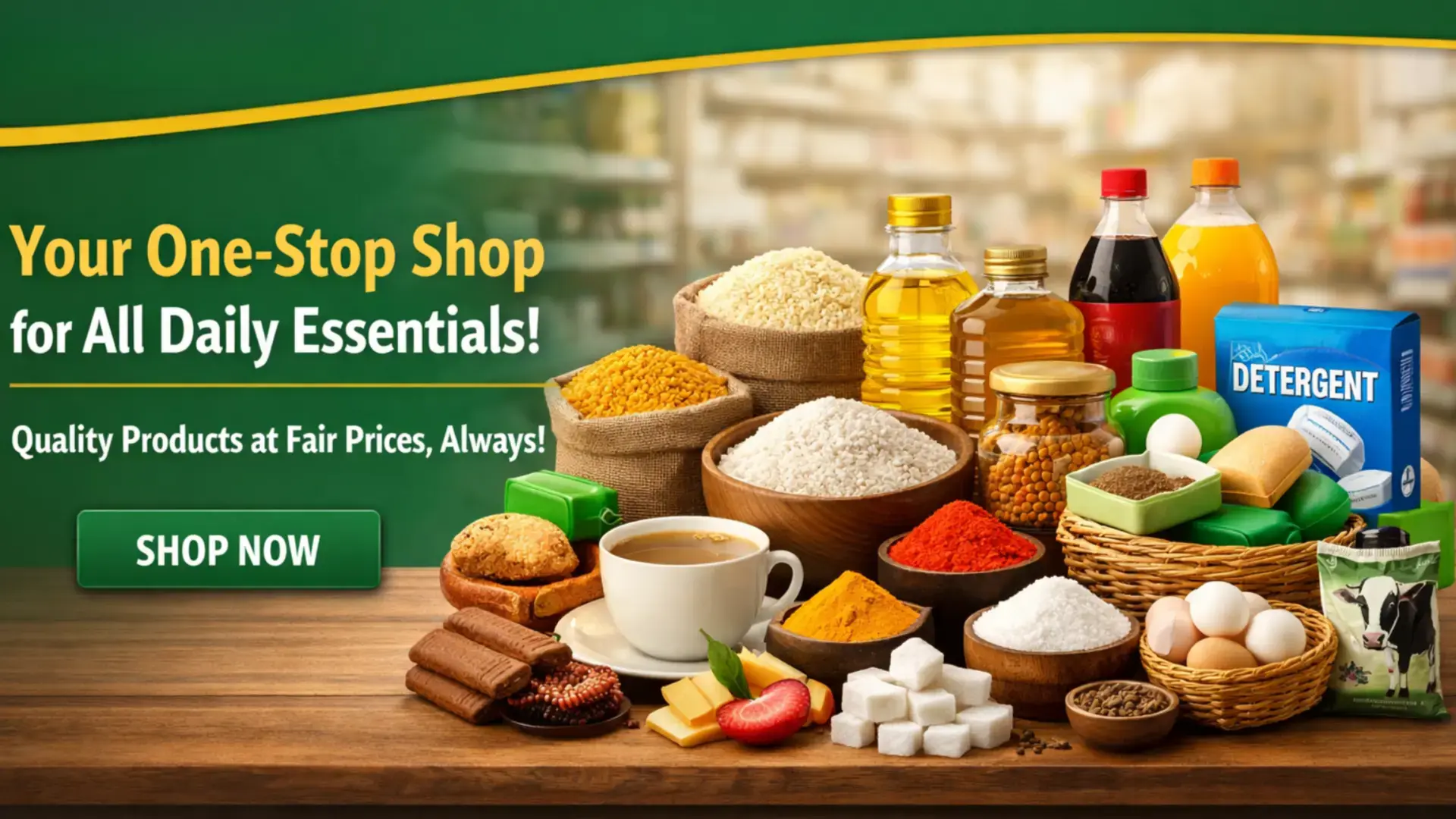 Fresh groceries and household essentials display