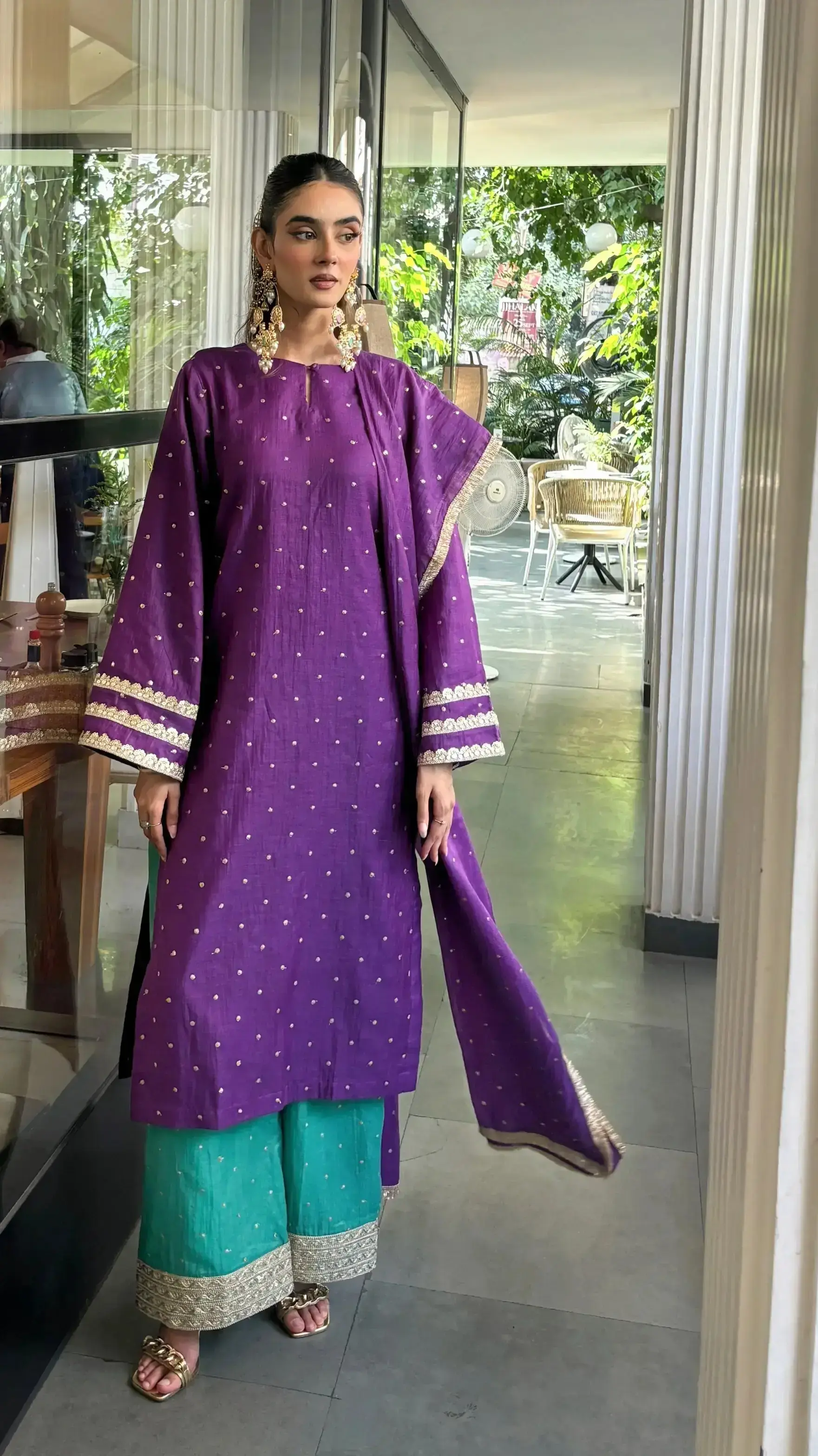 Dilruba chanderi wedding diwali suit design with foil motifs and palazzo by Pyoor