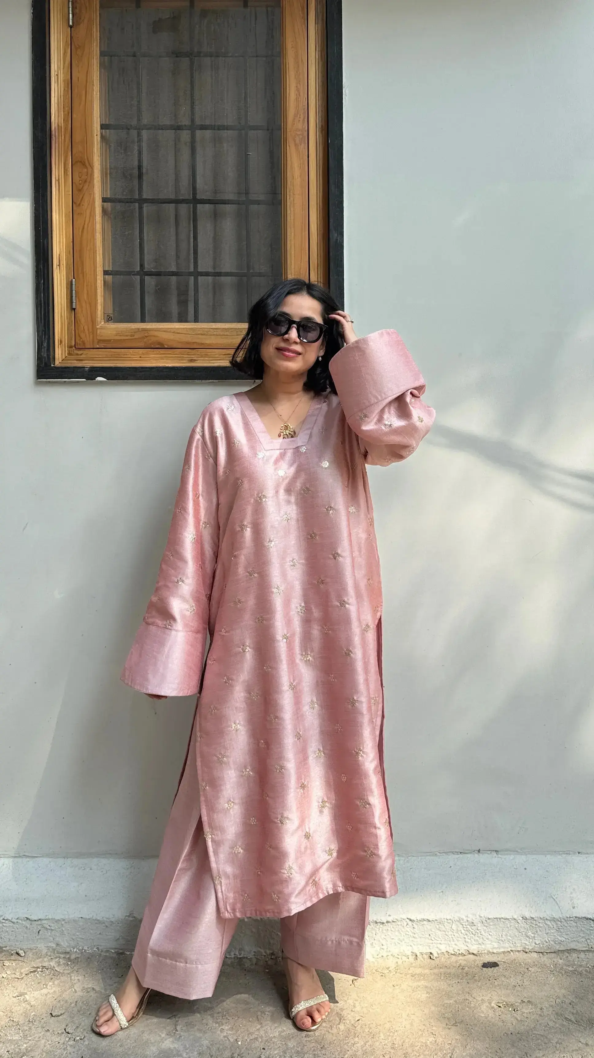 Onion pink silk farshi salwar suit with embroidered kurta and flowing silhouette
