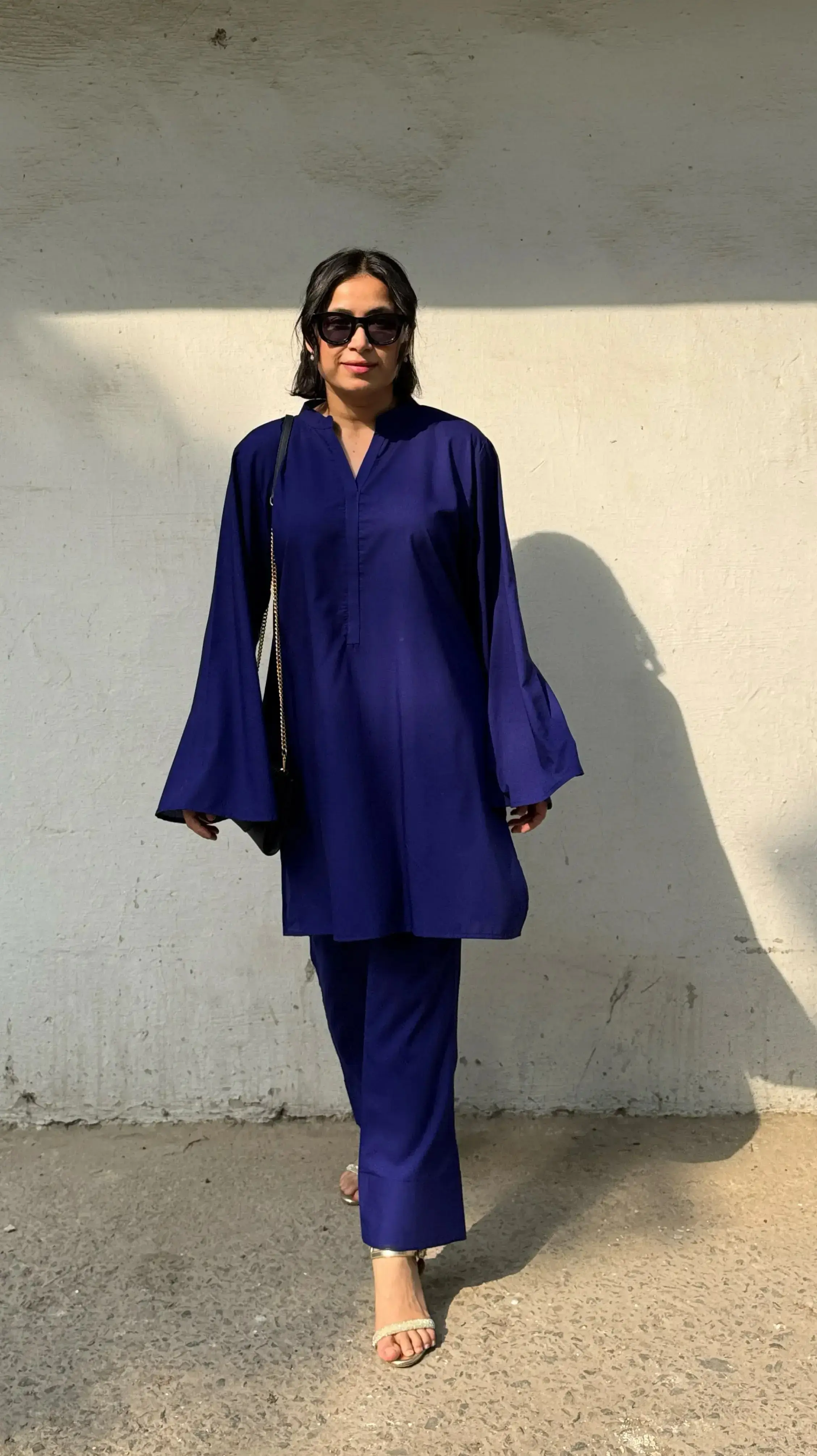 SOLIDS Indigo Blue oversized kurta set with bell sleeves, roomy fit for stylish comfort