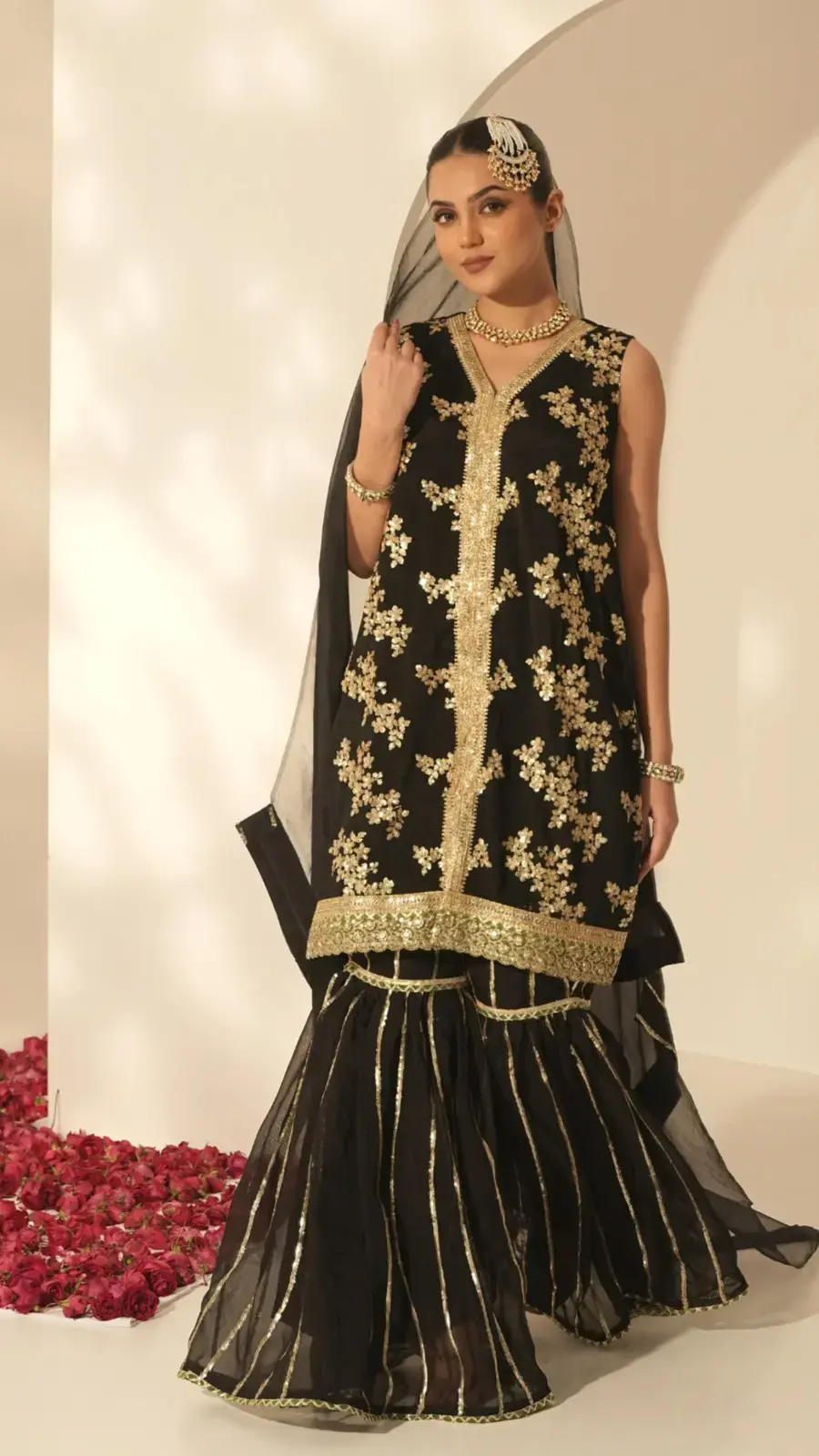 Pyoor Sitara Set in black sharara suit design with embroidered kurta and organza dupatta, ideal for parties and weddings.