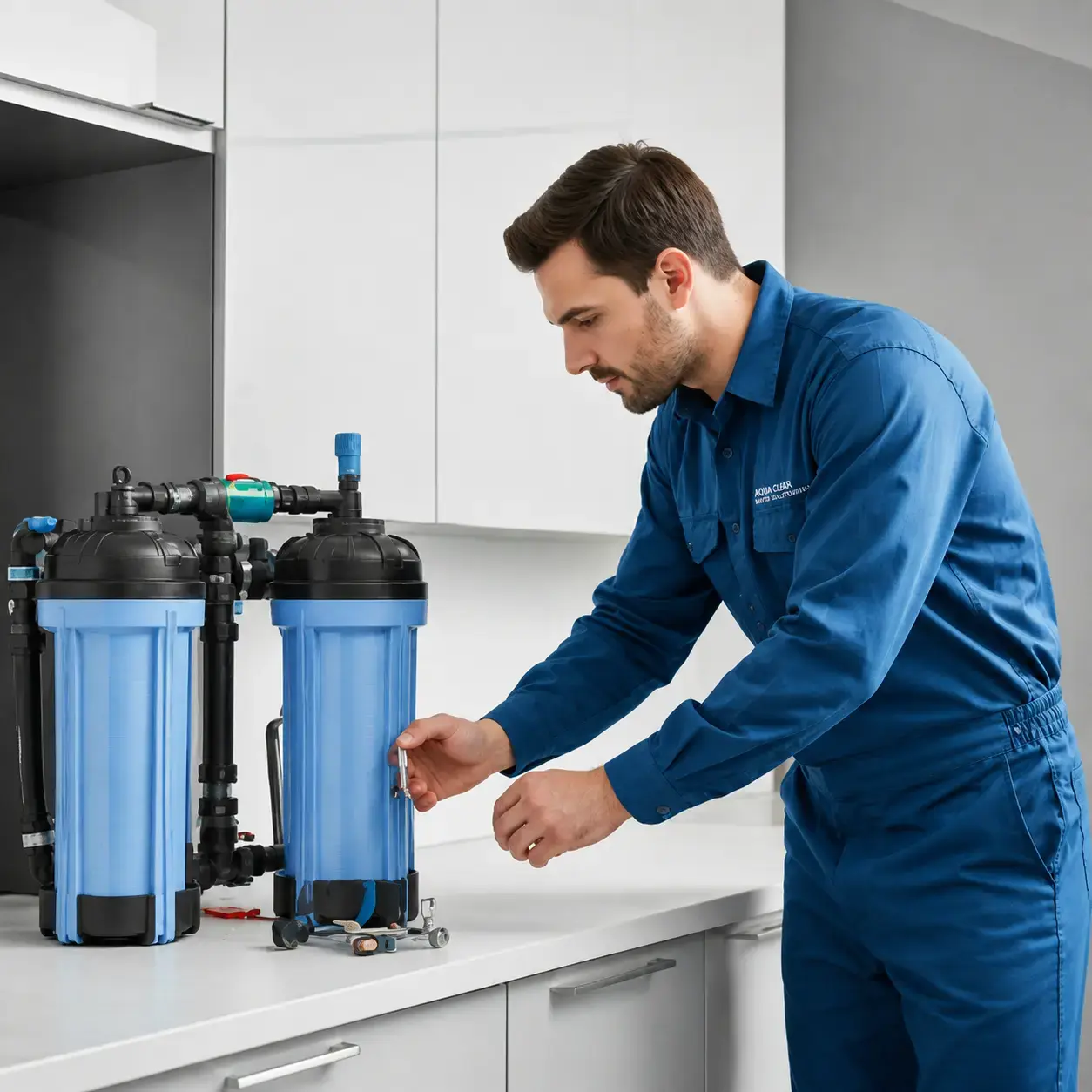 Service technician repairing water purifier