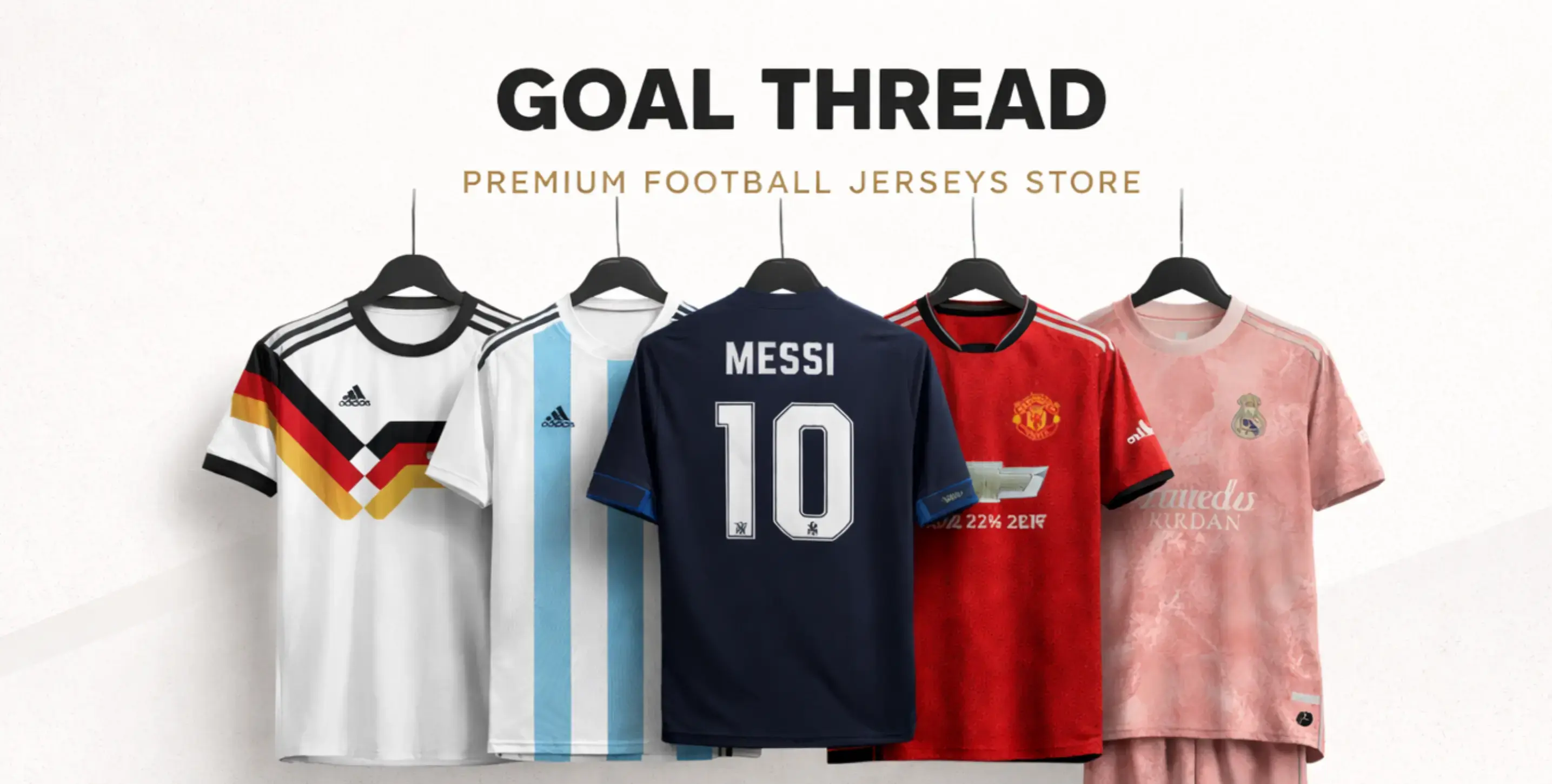 Official football jerseys display with team crests